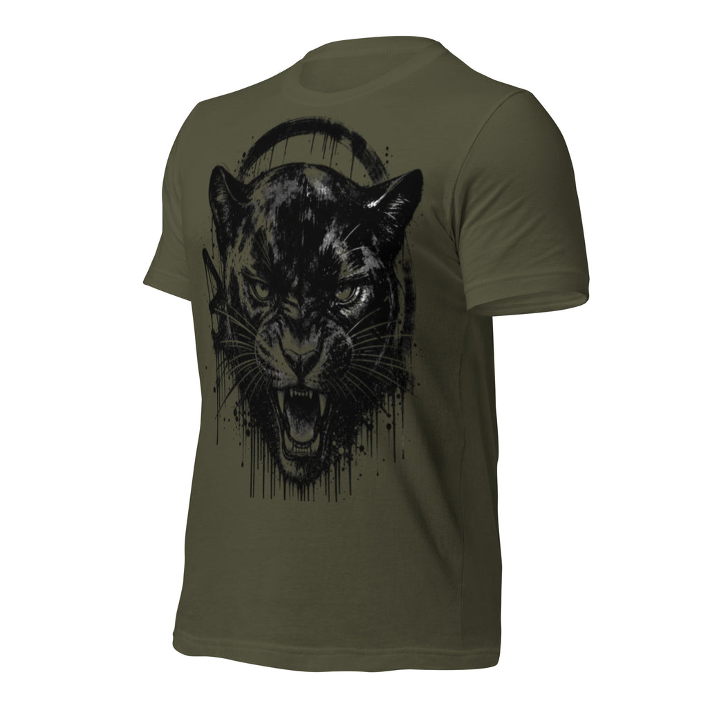 Women’s graphic t-shirt in military green with black panther ink-splatter print front