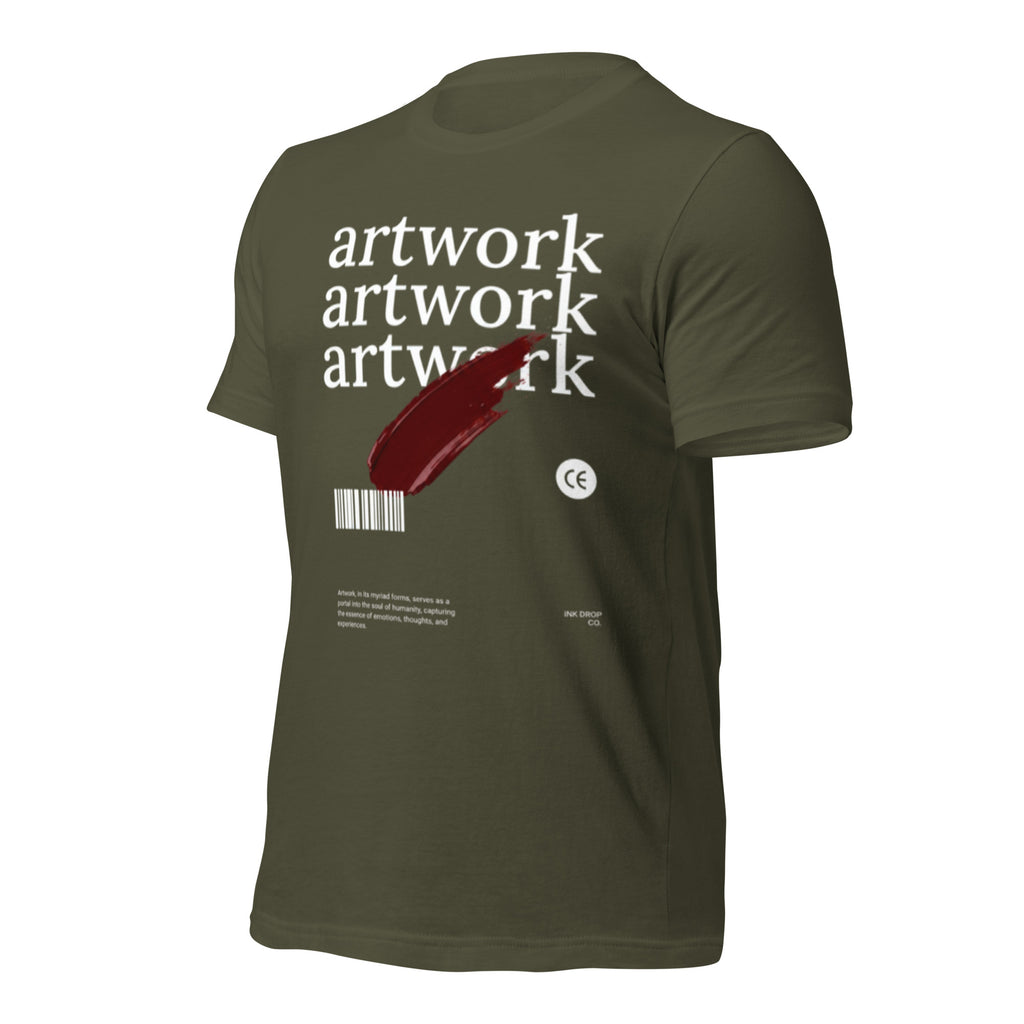 Unisex graphic T-shirt in dark green, white artwork text and red brushstroke print.