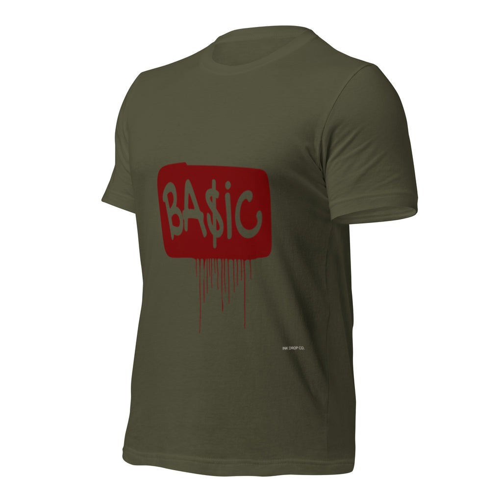 Unisex graphic T-shirt, military green with red BA$IC logo graphic on front