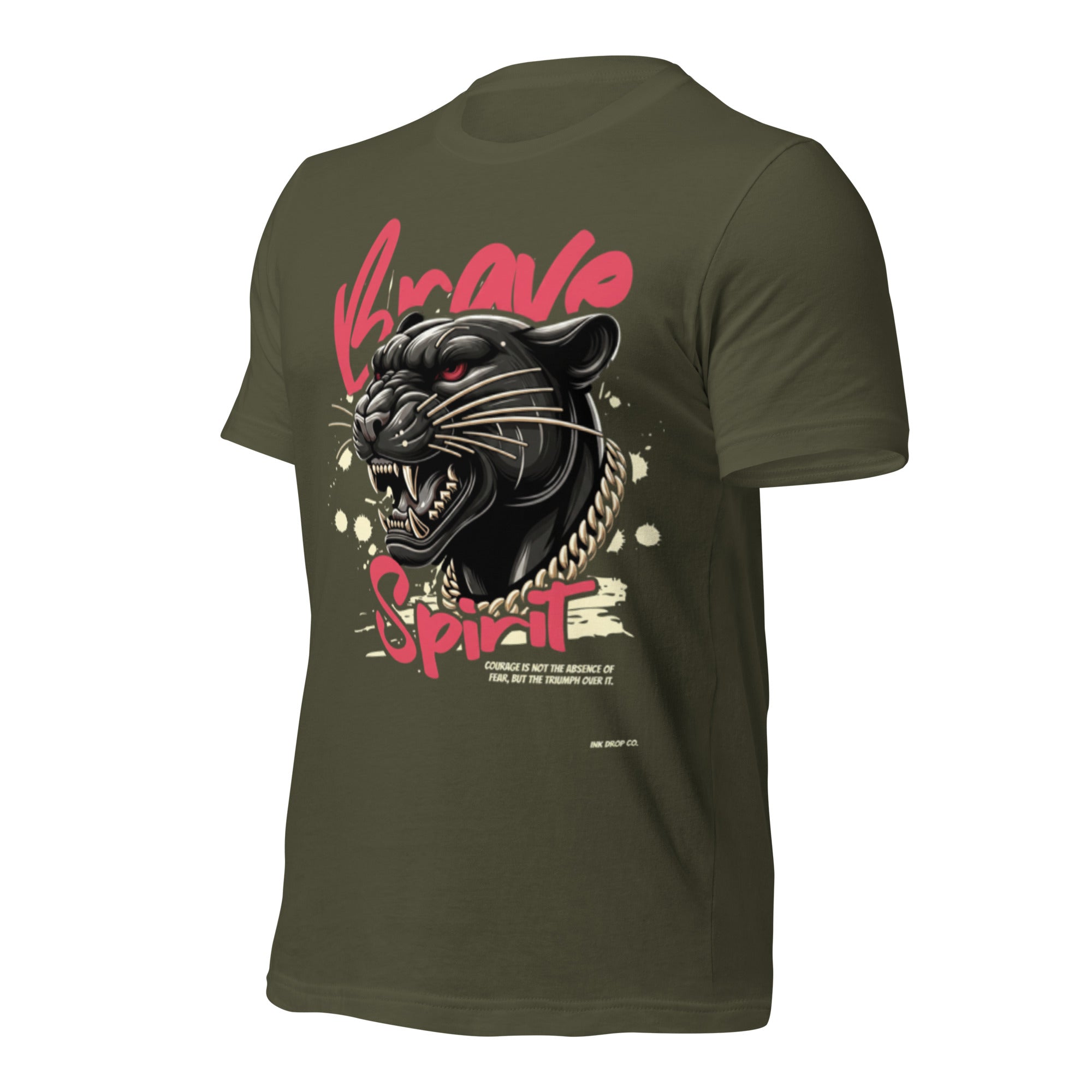 Women's graphic T-shirt, dark olive green, front panther head with chain graphic