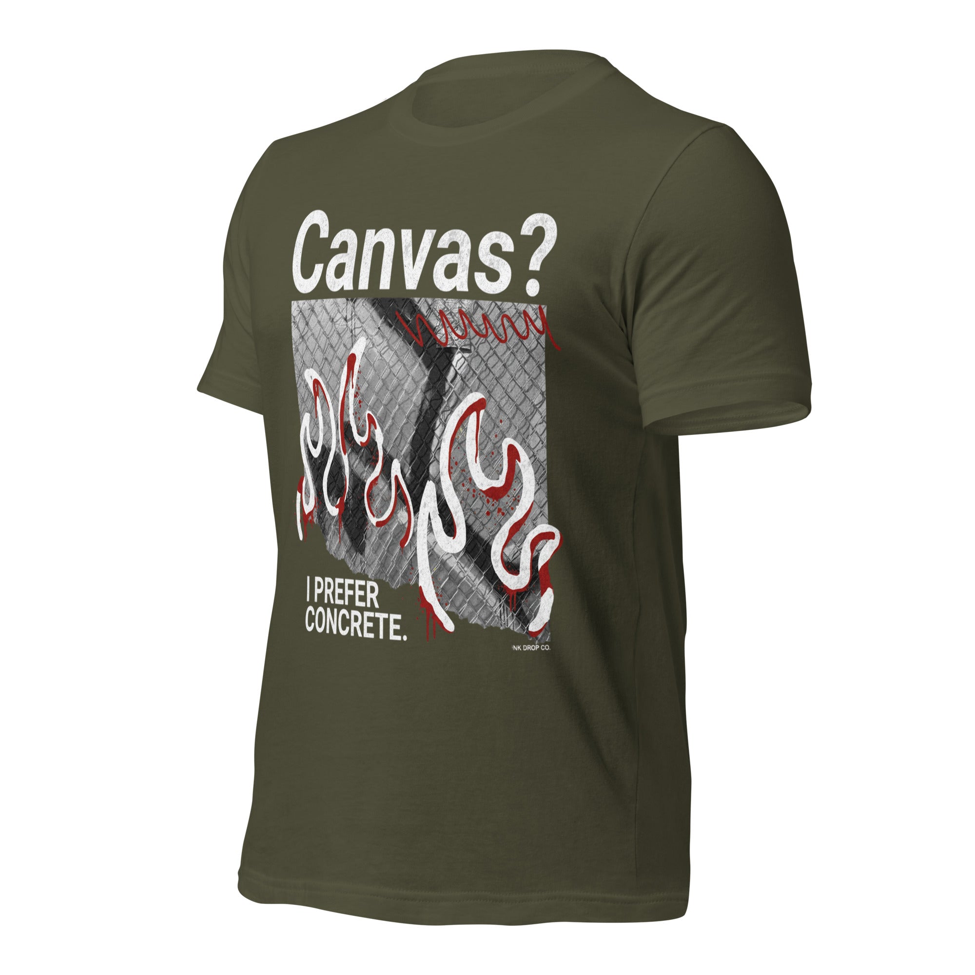 Women's graphic t-shirt, military green, front flame graphic with 'Canvas?' text