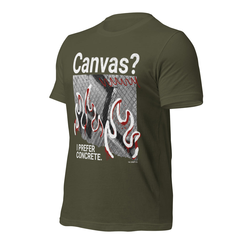 Unisex graphic T-shirt in olive green with “Canvas?” flame front print