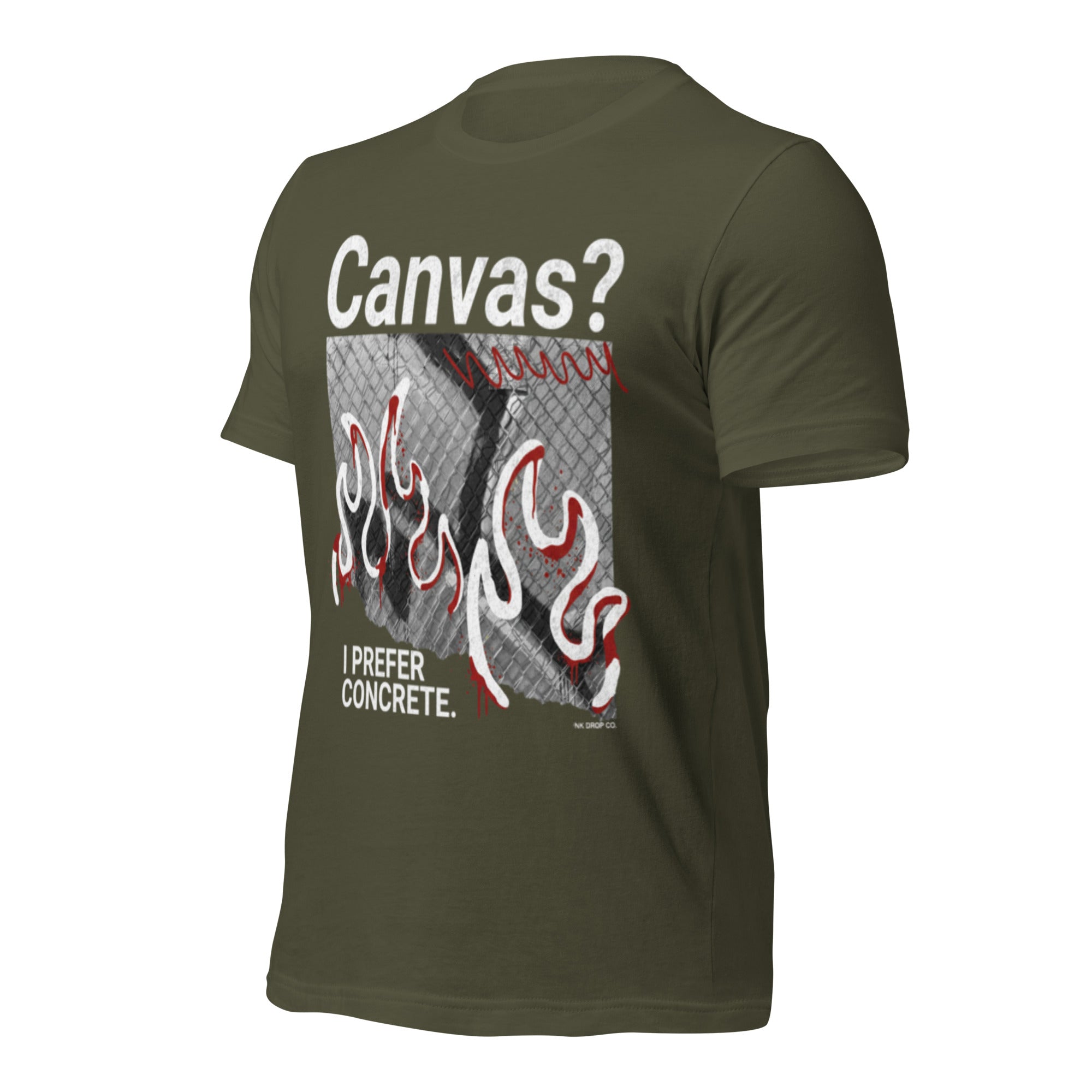 Unisex graphic T-shirt in olive green with “Canvas?” flame front print