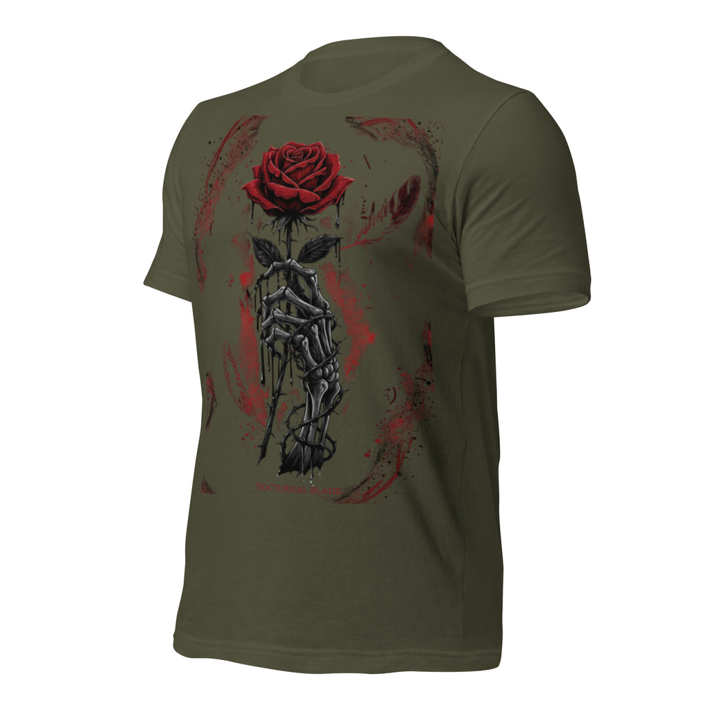 Military green unisex graphic T-shirt with red rose and armored dagger motif, side view