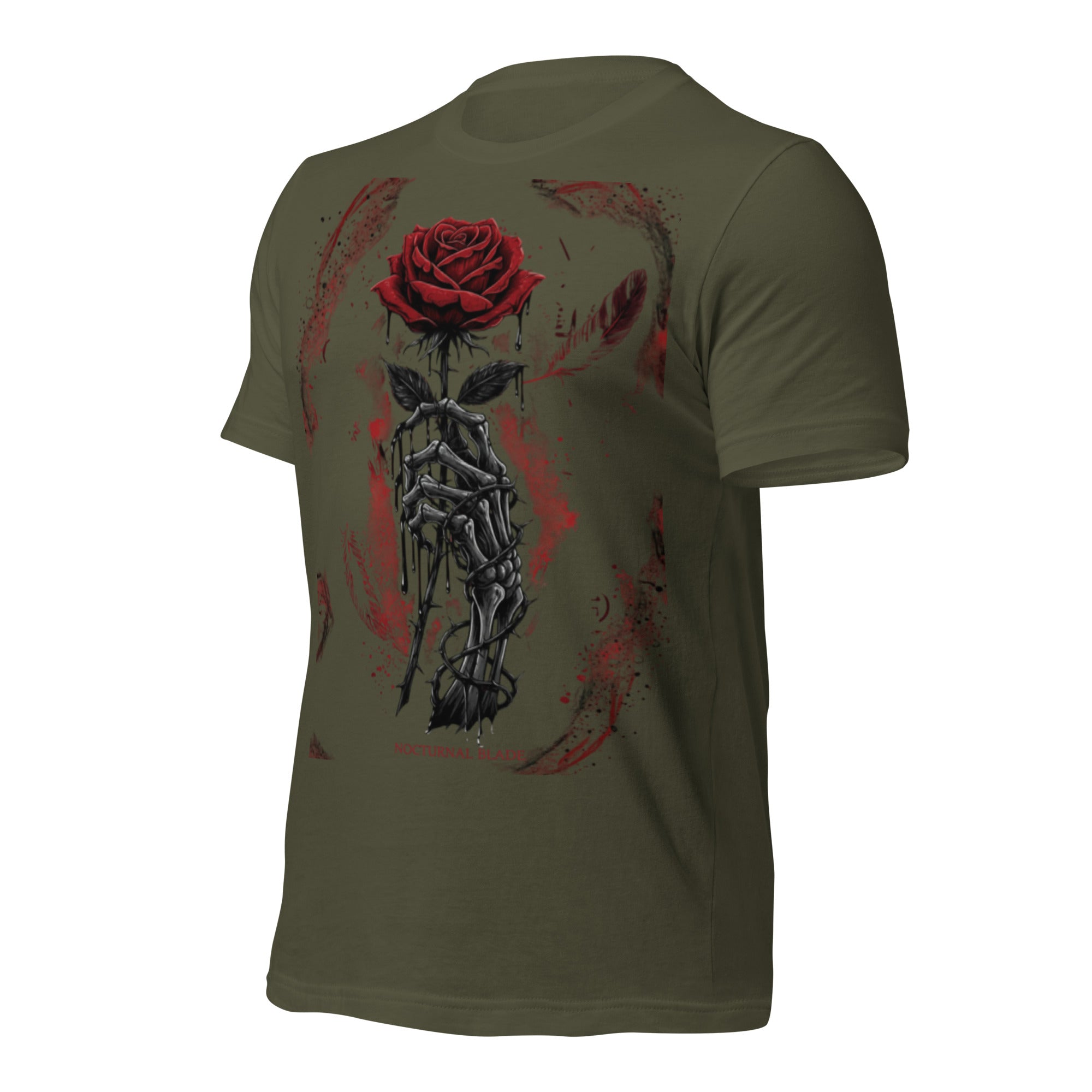 Military green unisex graphic T-shirt with red rose and armored dagger motif, side view