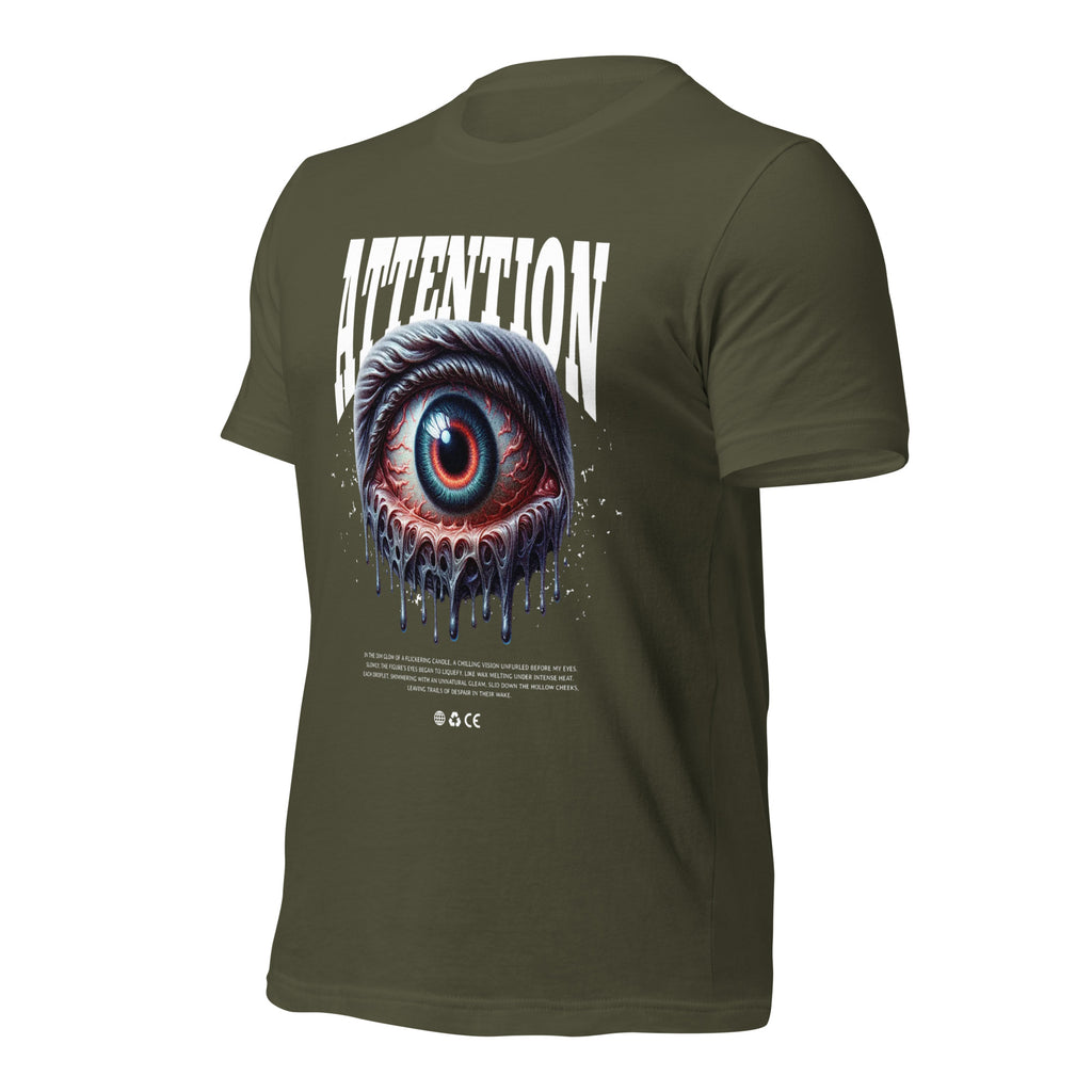 Unisex graphic T-shirt, olive green, back view with ATTENTION eye graphic