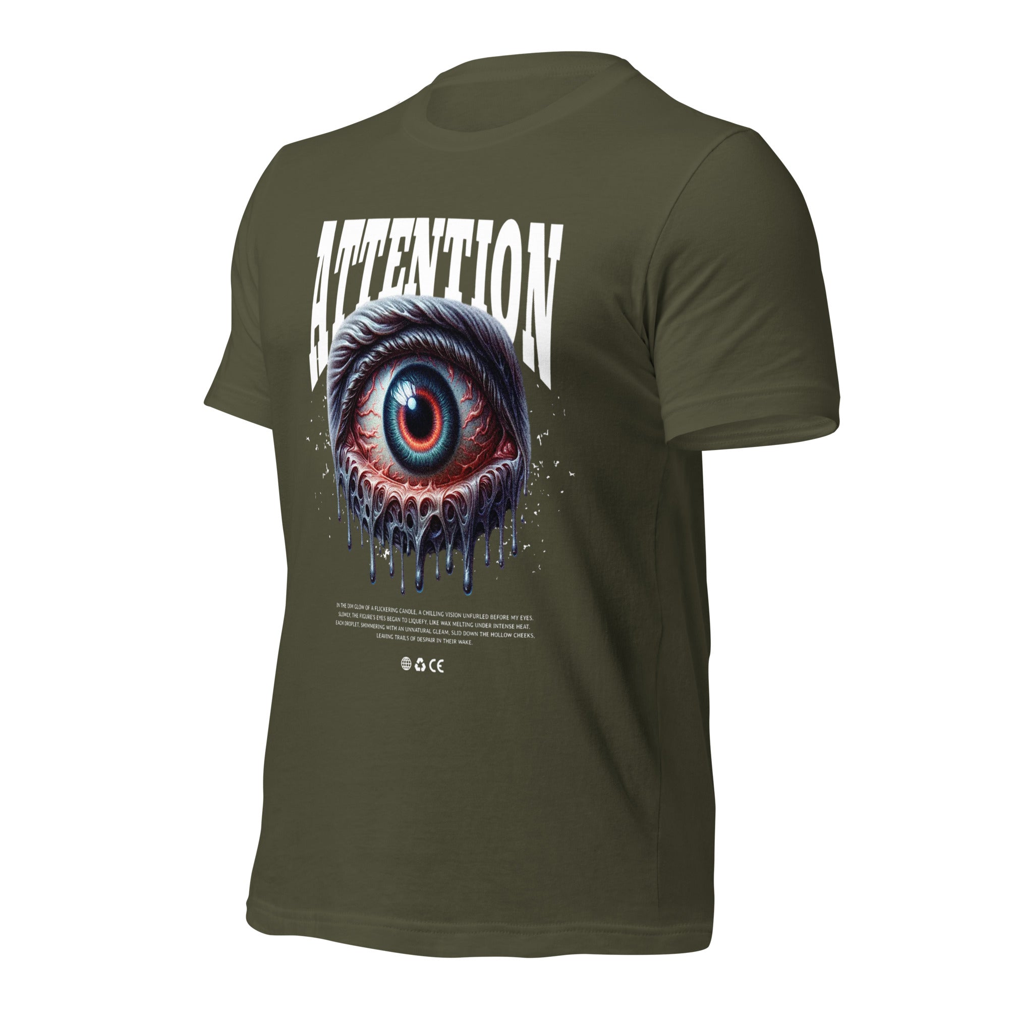 Unisex graphic T-shirt, olive green, back view with ATTENTION eye graphic