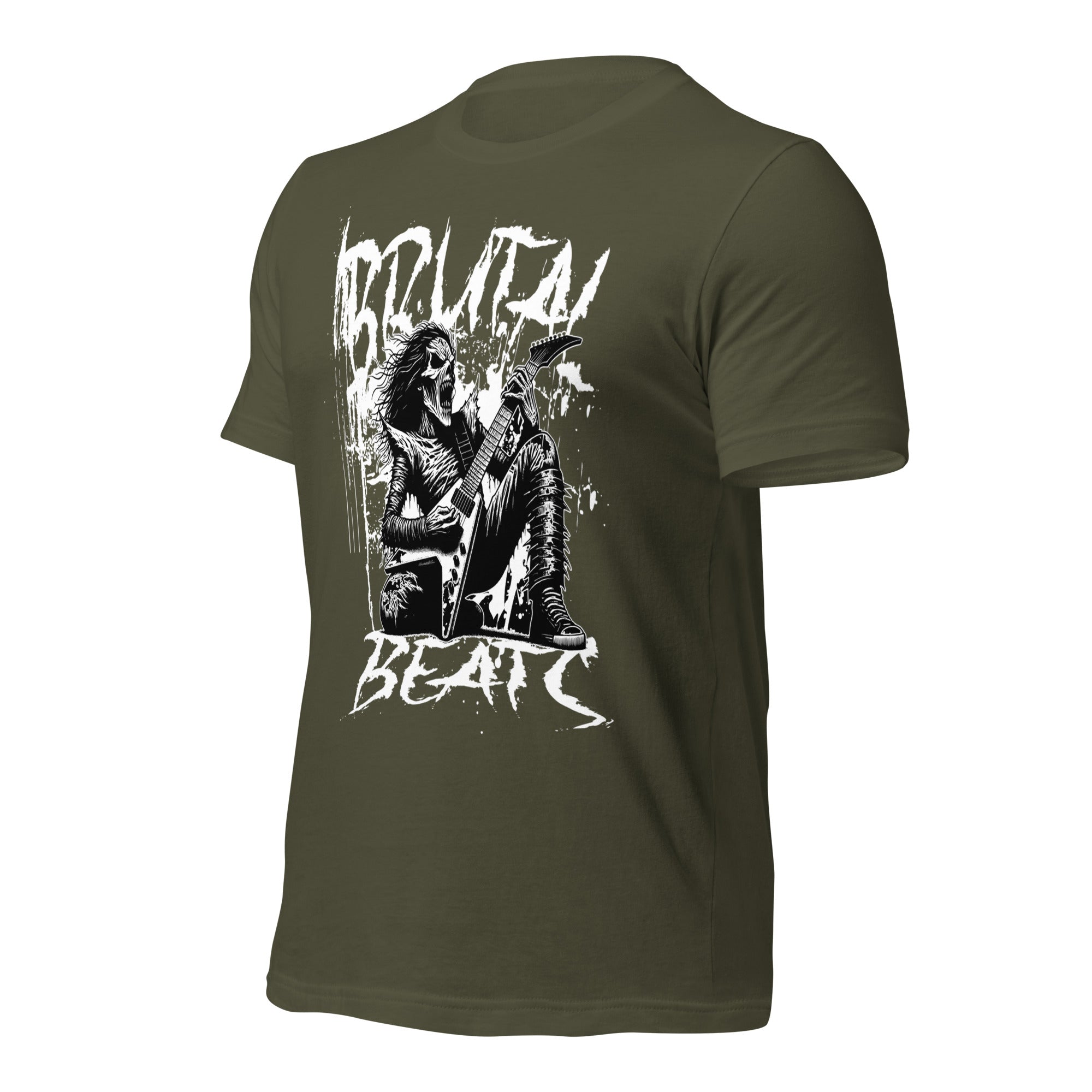 Unisex graphic T-shirt in military green with white front artwork, side view