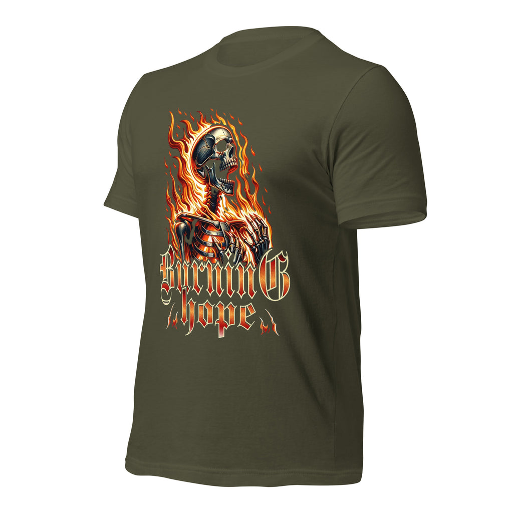 Unisex graphic T-shirt, military green, back view with flaming skull artwork