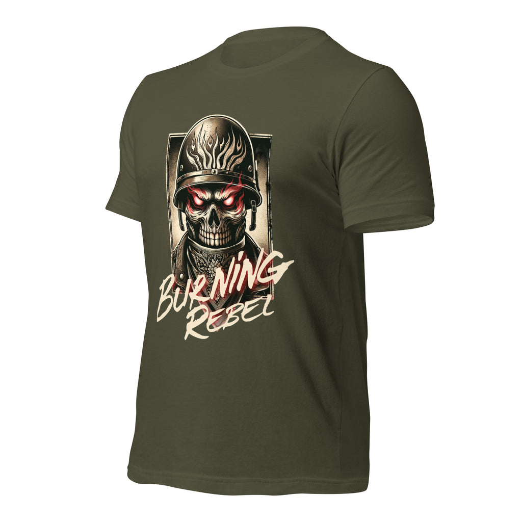 Military green unisex graphic T-shirt with skull helmet and 'Burning Rebel' back print