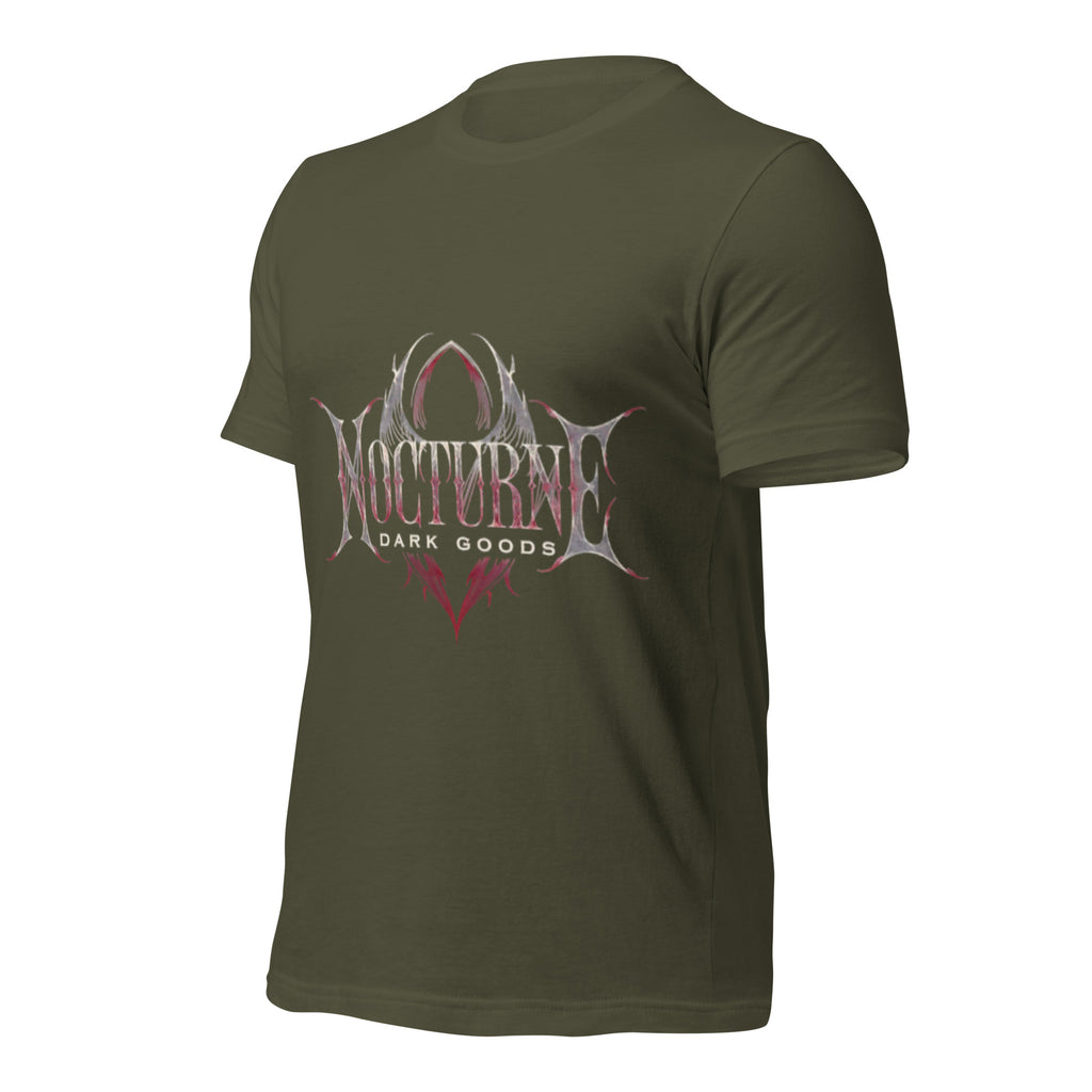 Olive unisex graphic T-shirt with large front "Nocturnal Dark Goods" print