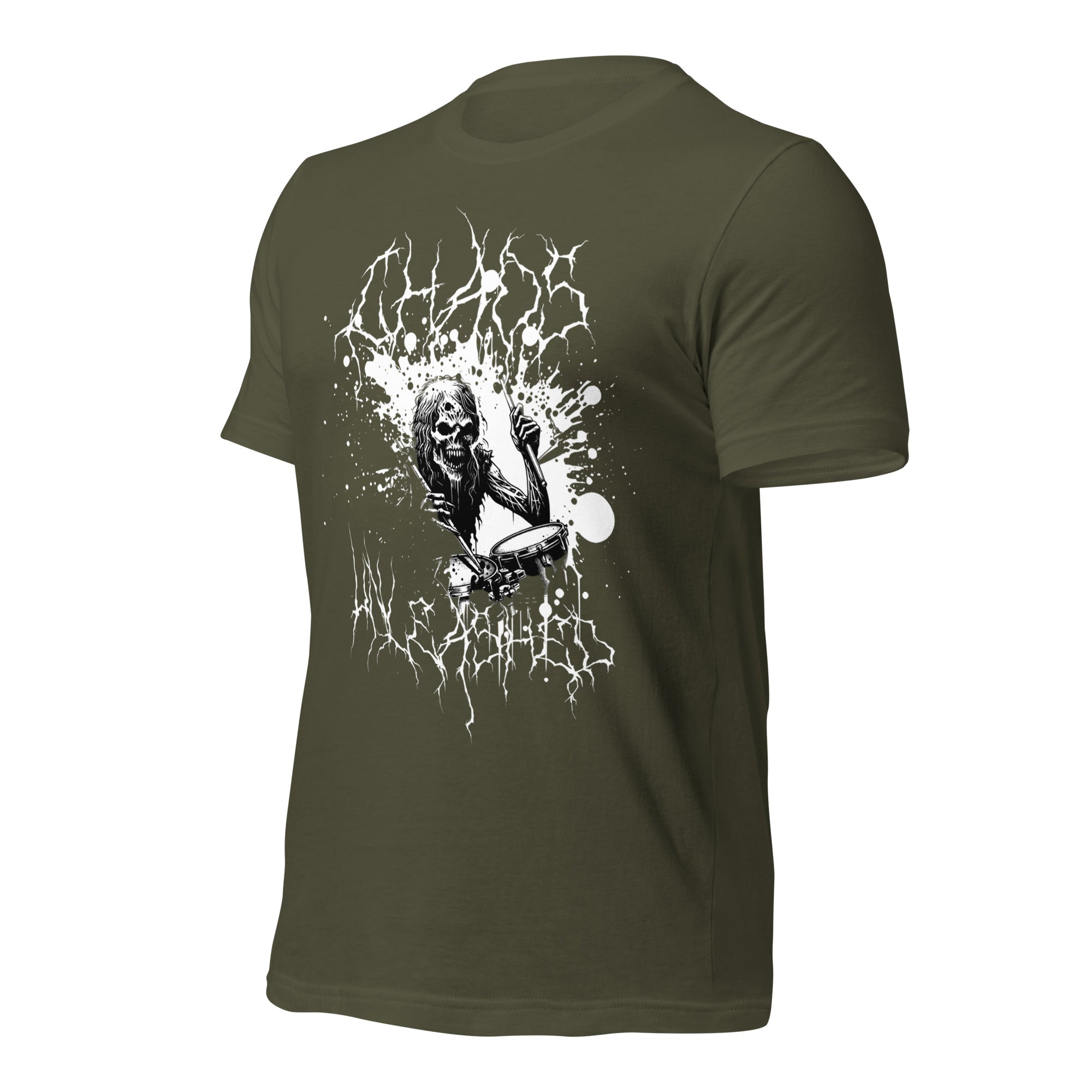 Women’s graphic t-shirt in military green, back print with guitarist skeleton and lightning