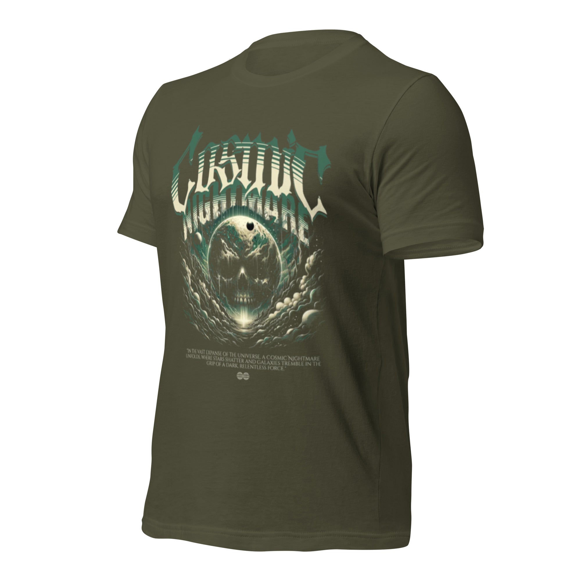 Unisex dark green graphic T-shirt with teal-and-white alien skull face front print