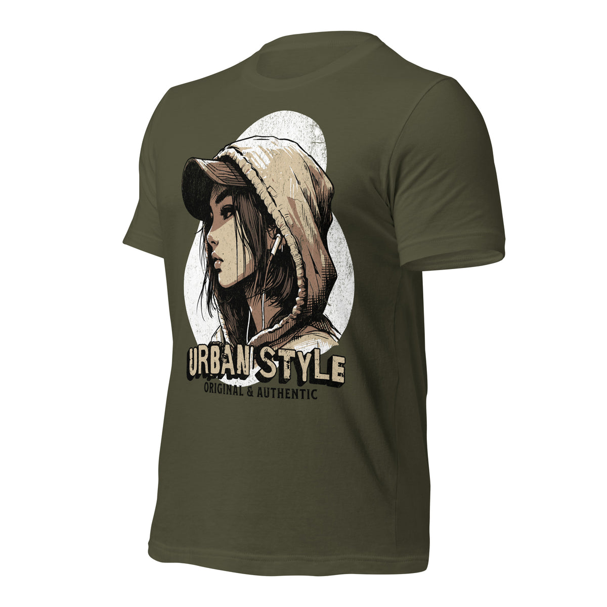 Women's military green graphic tee with hooded portrait print on the back