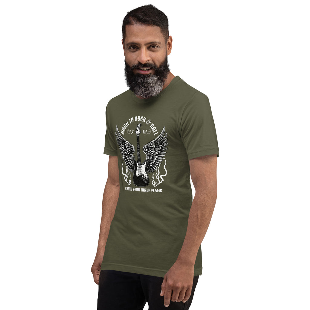 Military green graphic guitar T-shirt with winged emblem and text, crew neck