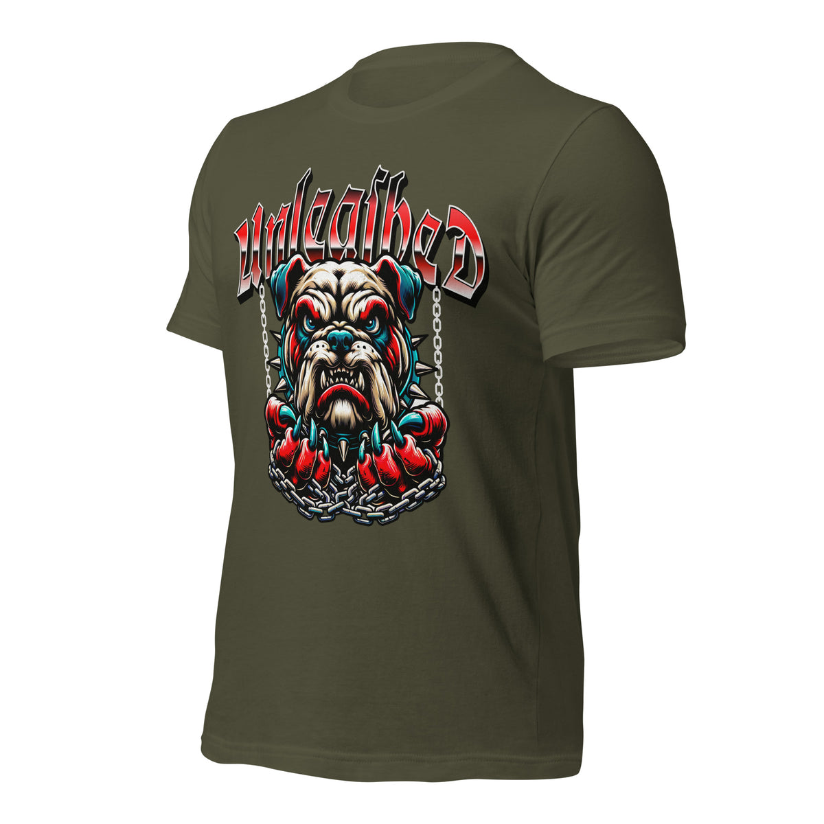 Unleashed graphic tee, military green; back shows colorful bulldog graphic