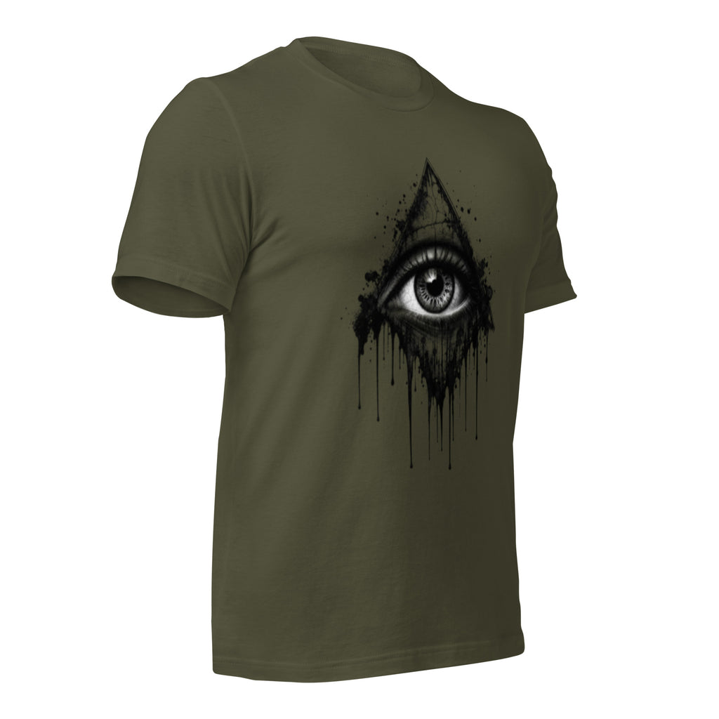 Women's military green T-shirt with all-seeing eye drip graphic on side front