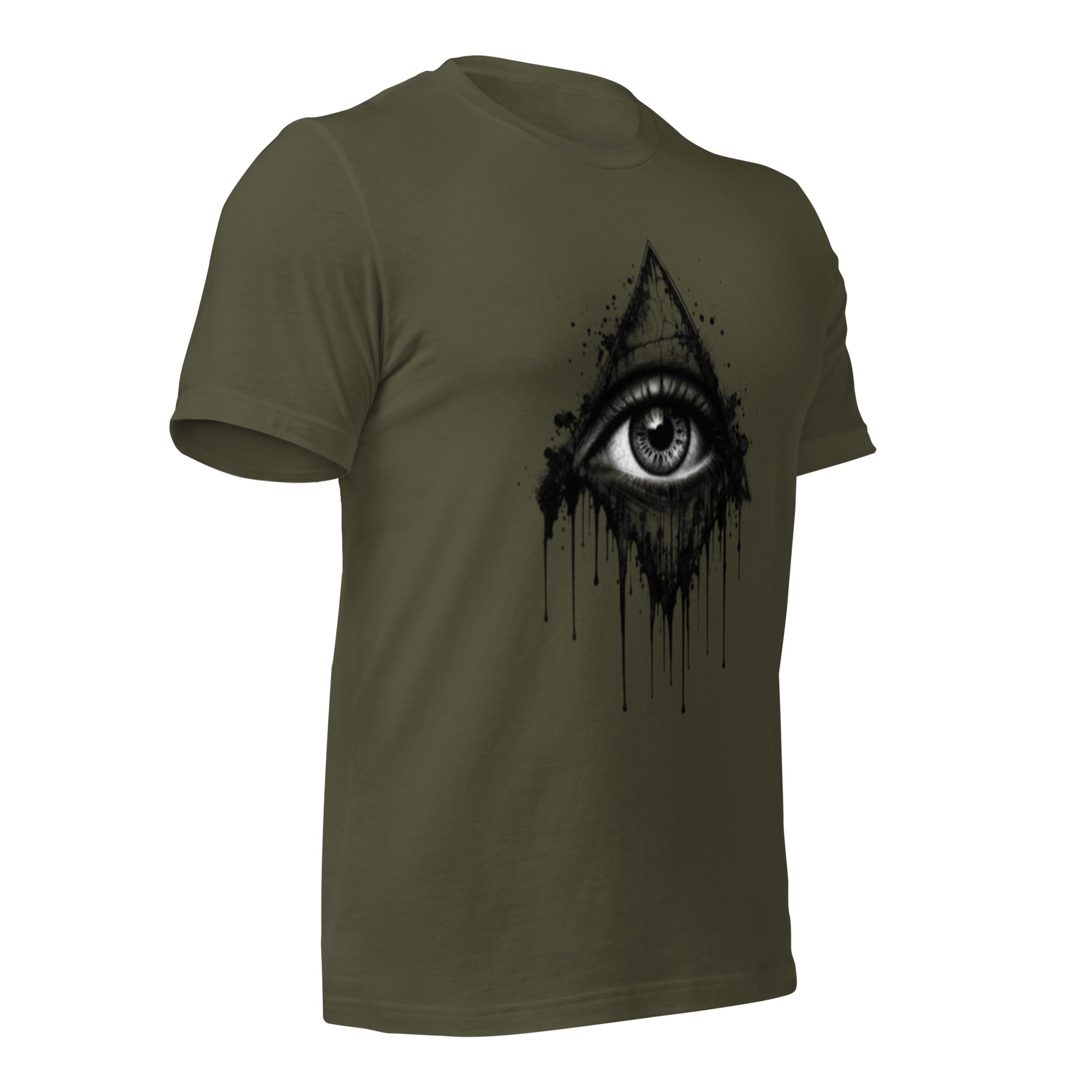 Women's military green T-shirt with all-seeing eye drip graphic on side front