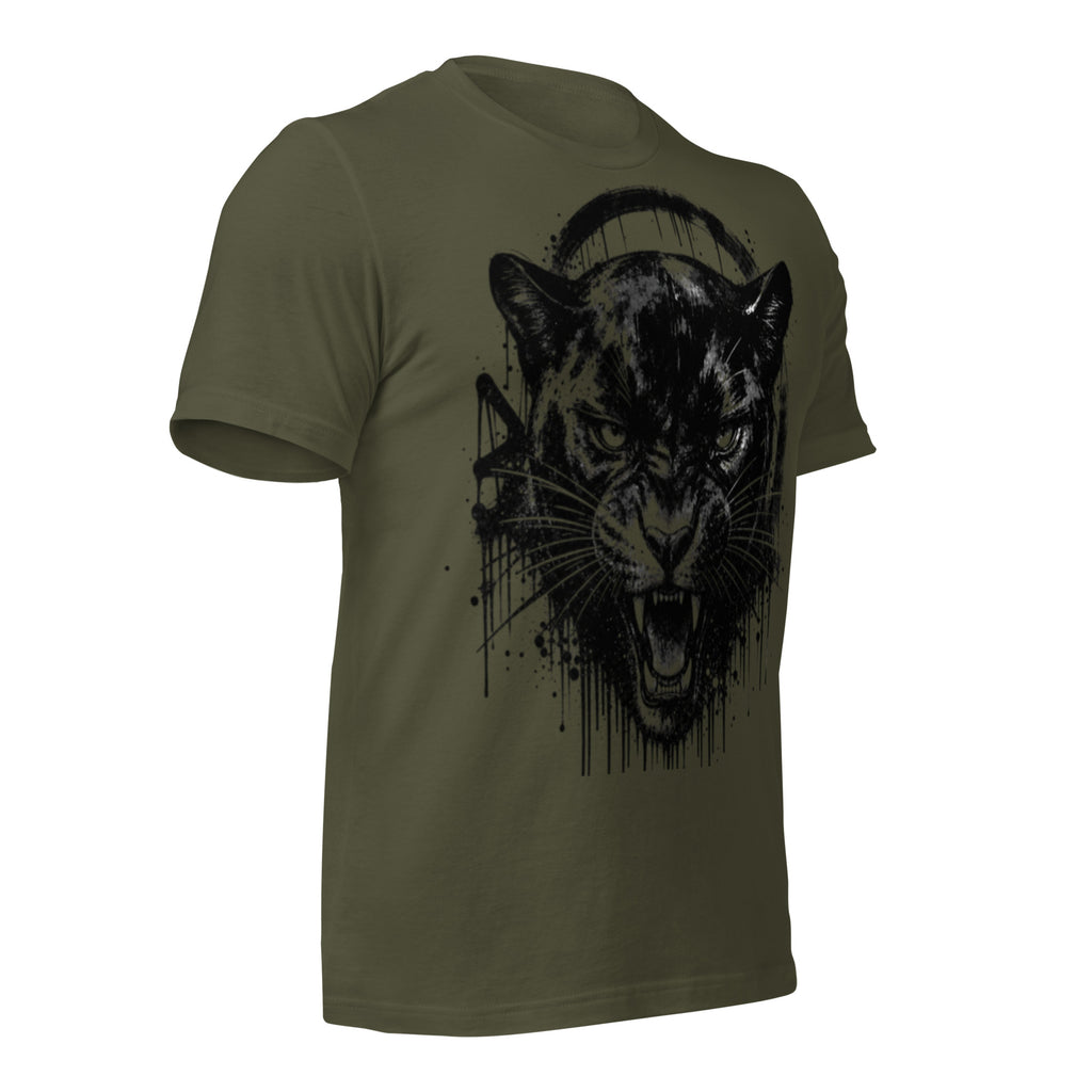 Women’s military green T-shirt with black panther graphic and ink splatter