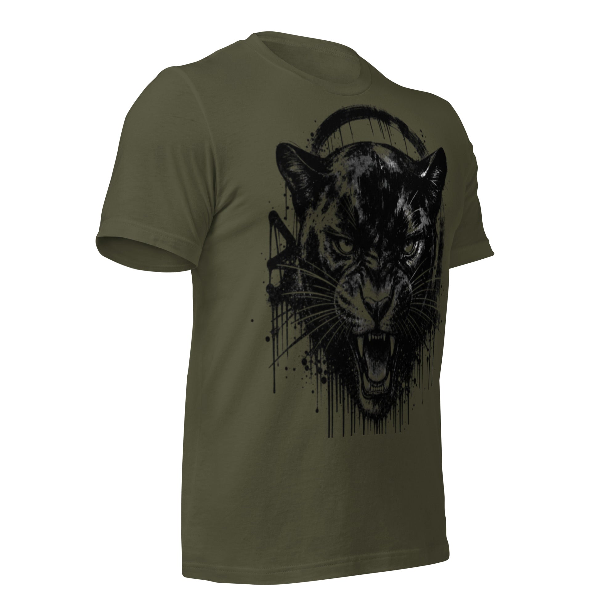 Women’s military green T-shirt with black panther graphic and ink splatter