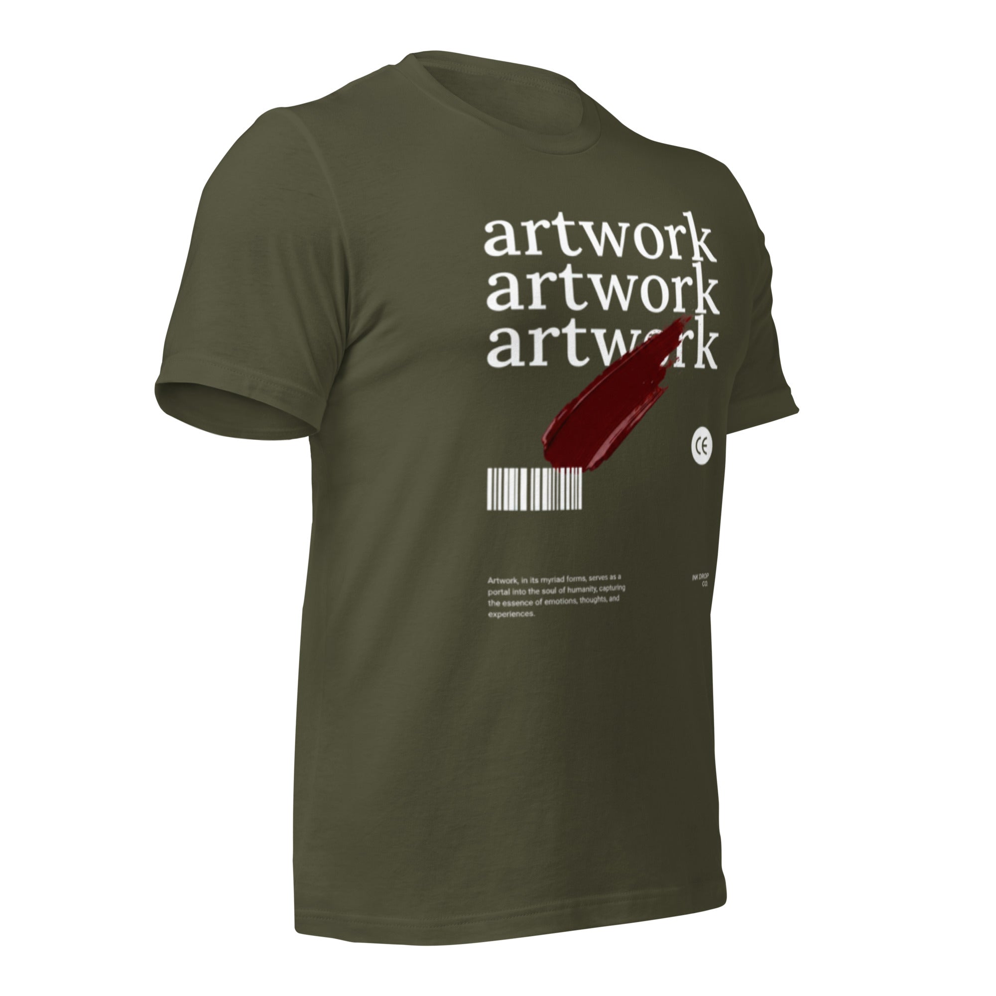 Women's graphic T-shirt, military green, front print with artwork text, brush stroke, barcode