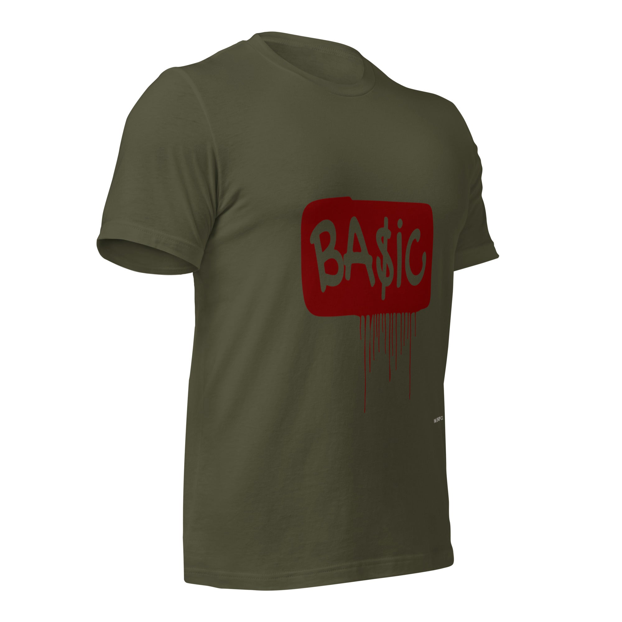 Military green women’s graphic t-shirt with red BA$ic logo centered on back