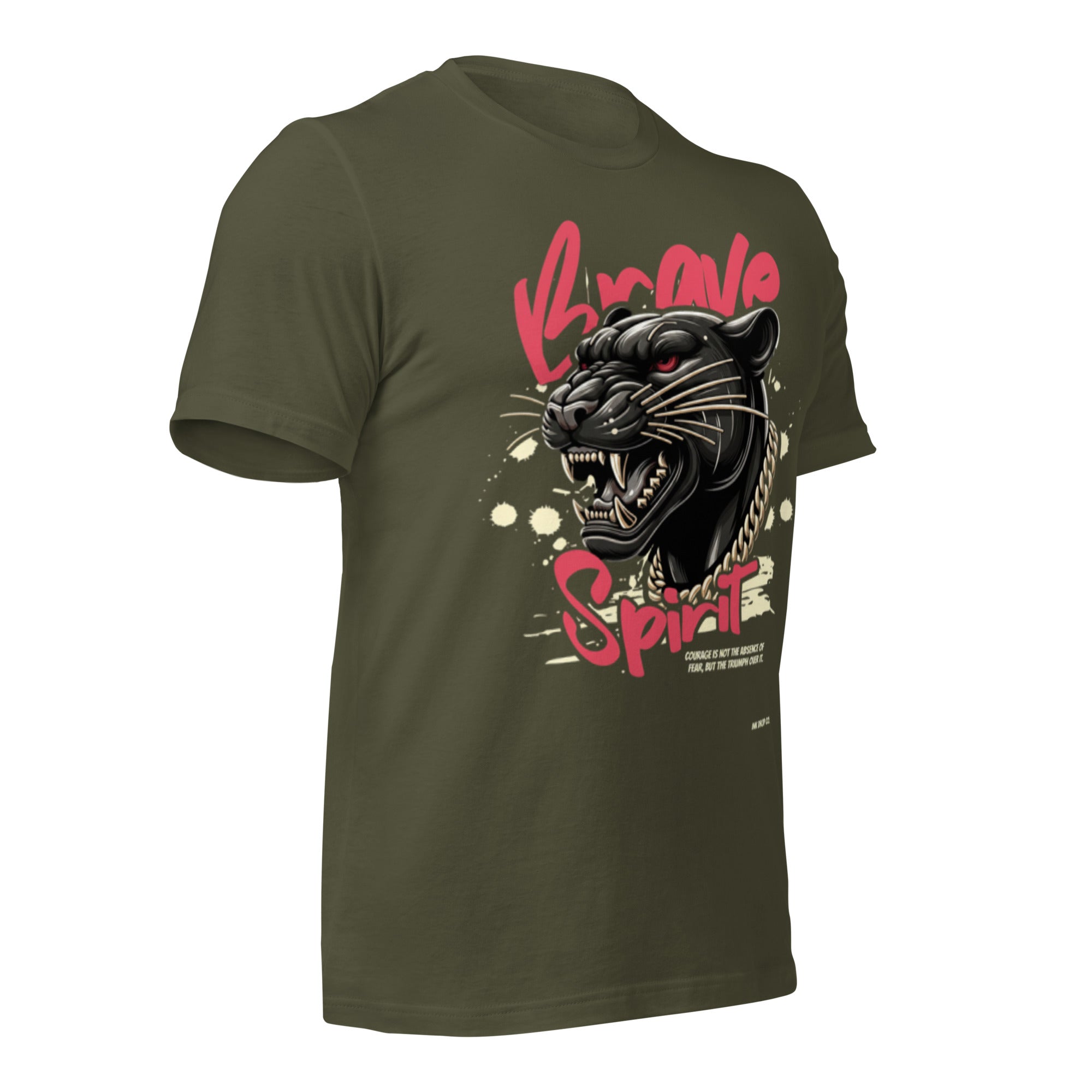 Women's graphic T-shirt, dark olive green, front side view with panther head logo