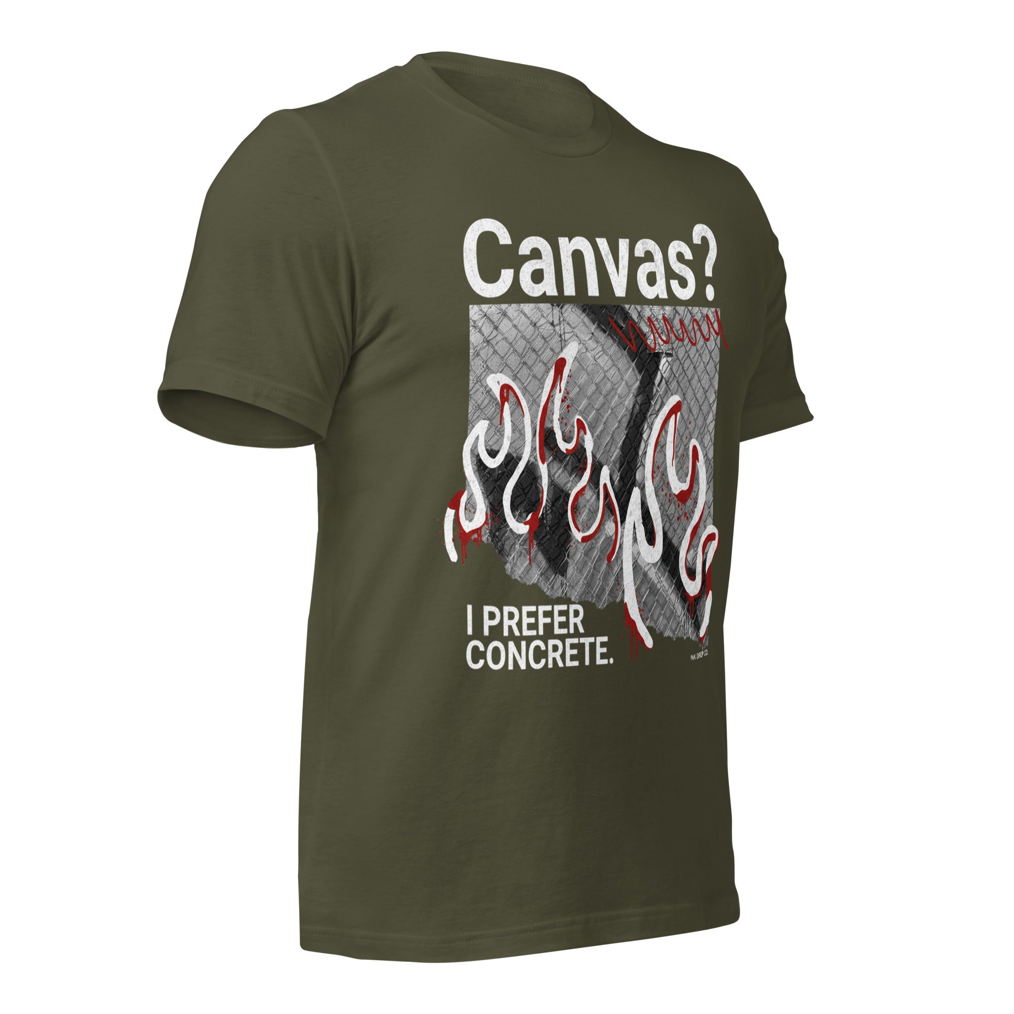 Women's graphic t-shirt, military green, front flame graphic and concrete slogan