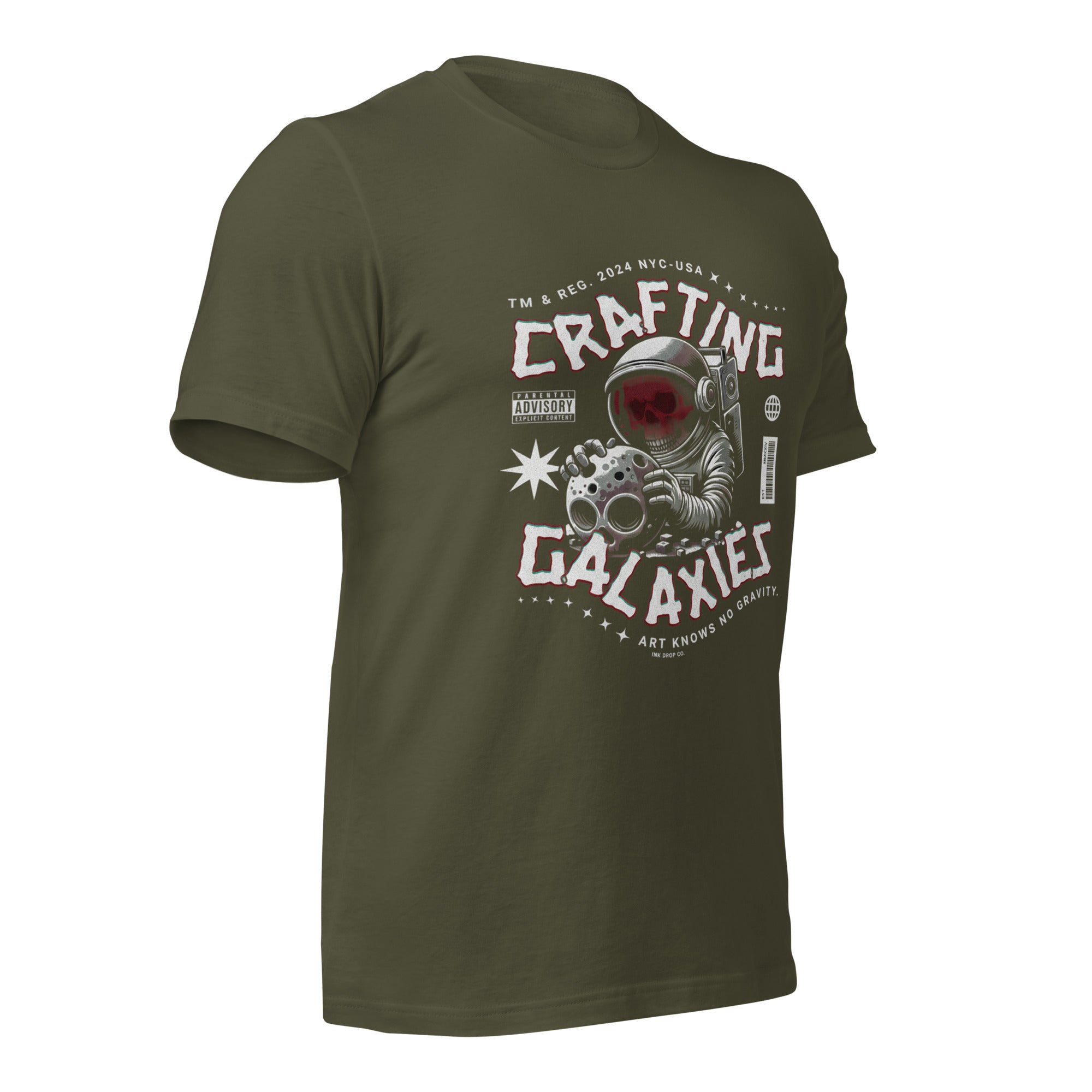 Women’s graphic T-shirt, dark military green front with large space astronaut graphic