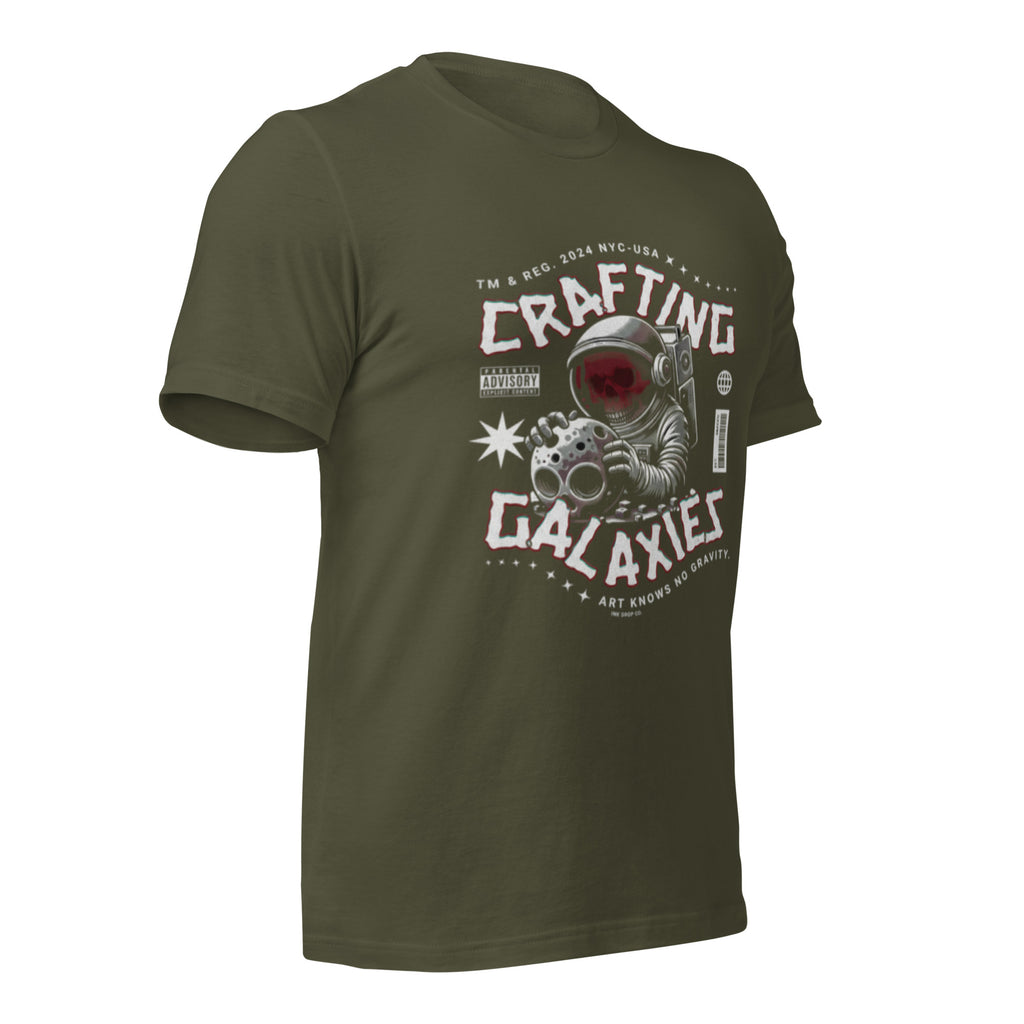 Military green unisex graphic t-shirt with “Crafting Galaxies” astronaut print on the front.