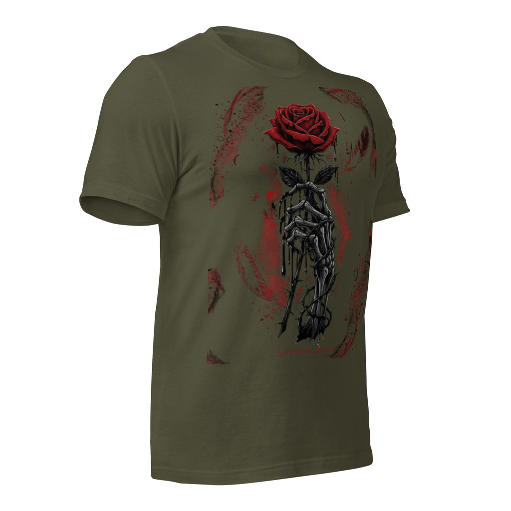 Military green unisex graphic T-shirt with red rose and armored dagger motif, angled back