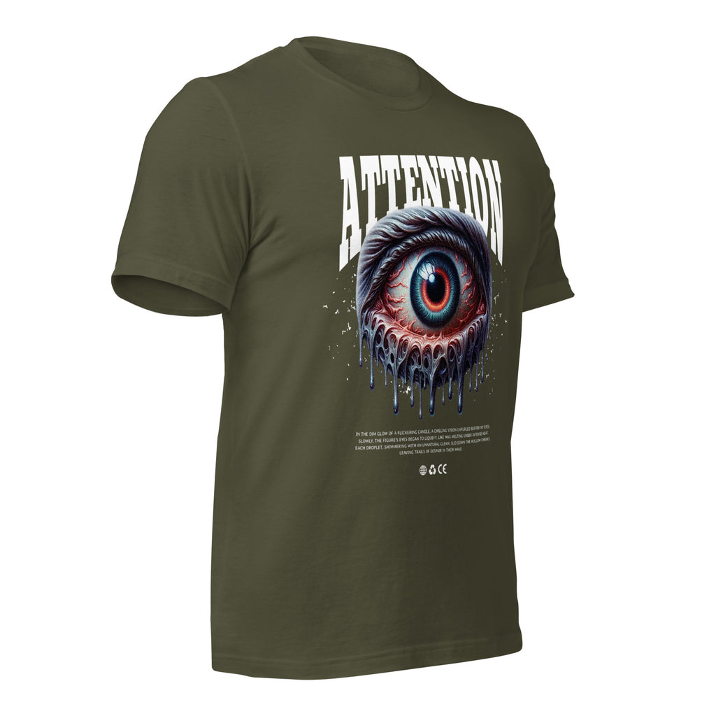 Unisex graphic T-shirt, olive green, front eye graphic with drips and ATTENTION text