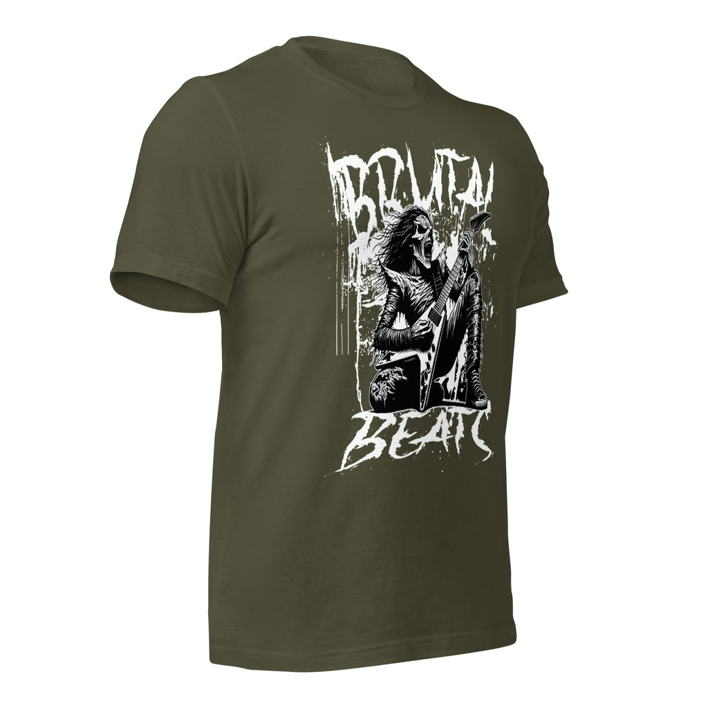 Unisex graphic T-shirt in military green with white front guitar artwork, angled