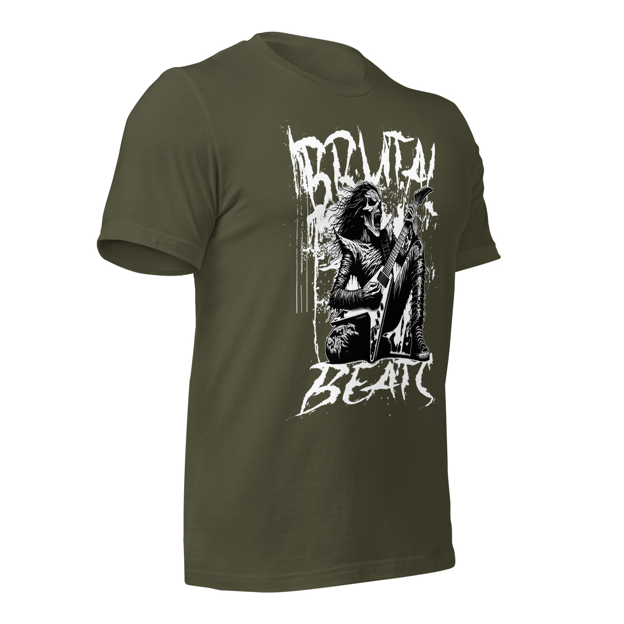 Unisex graphic T-shirt in military green with white front guitar artwork, angled