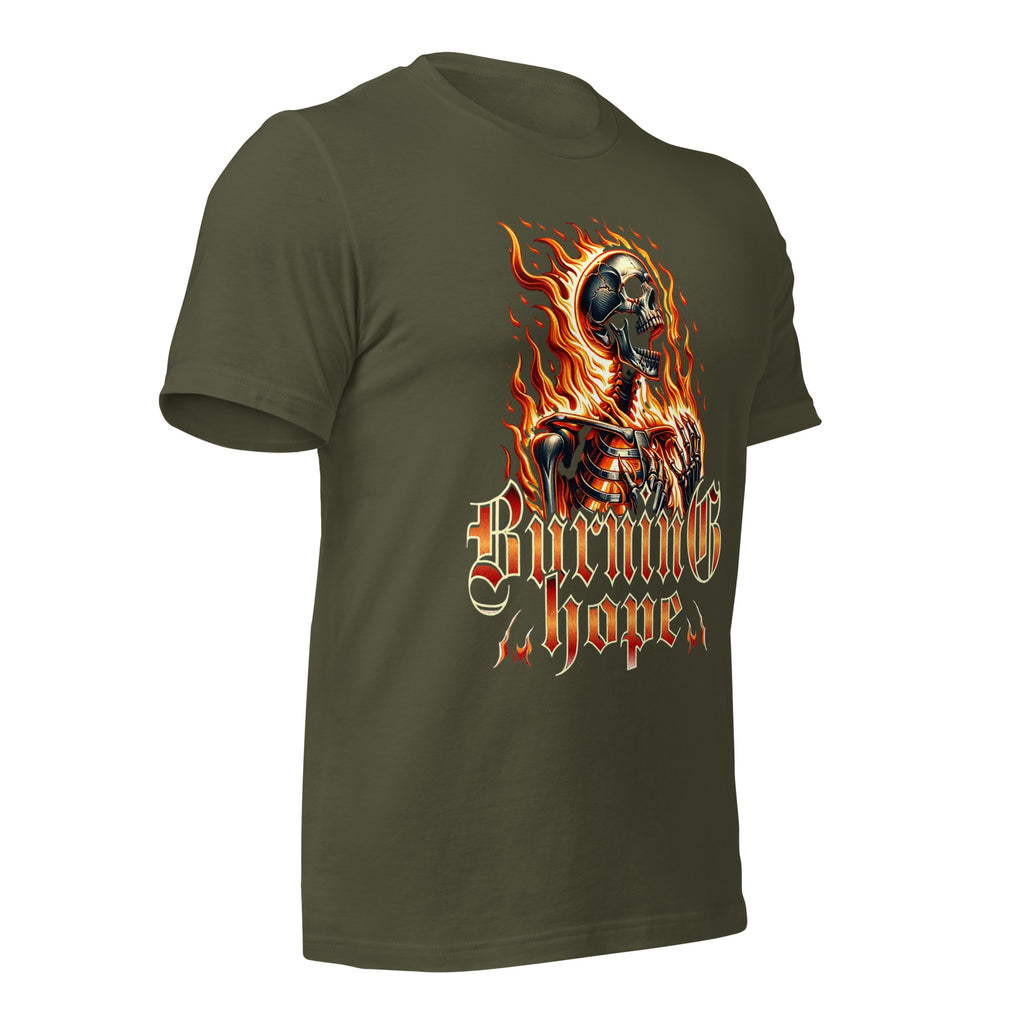 Unisex graphic T-shirt, military green, front view with flaming skull artwork