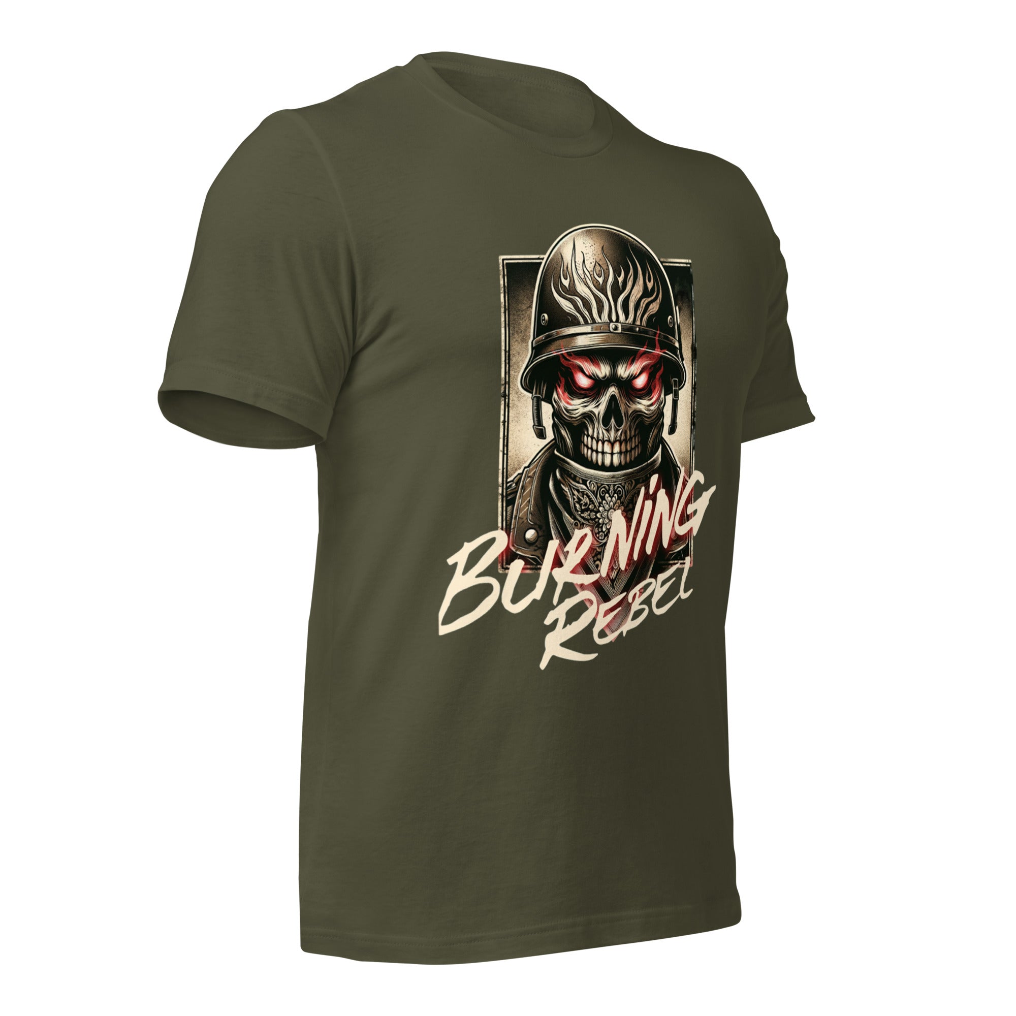 Military green unisex graphic T-shirt with skull helmet 'Burning Rebel' back print