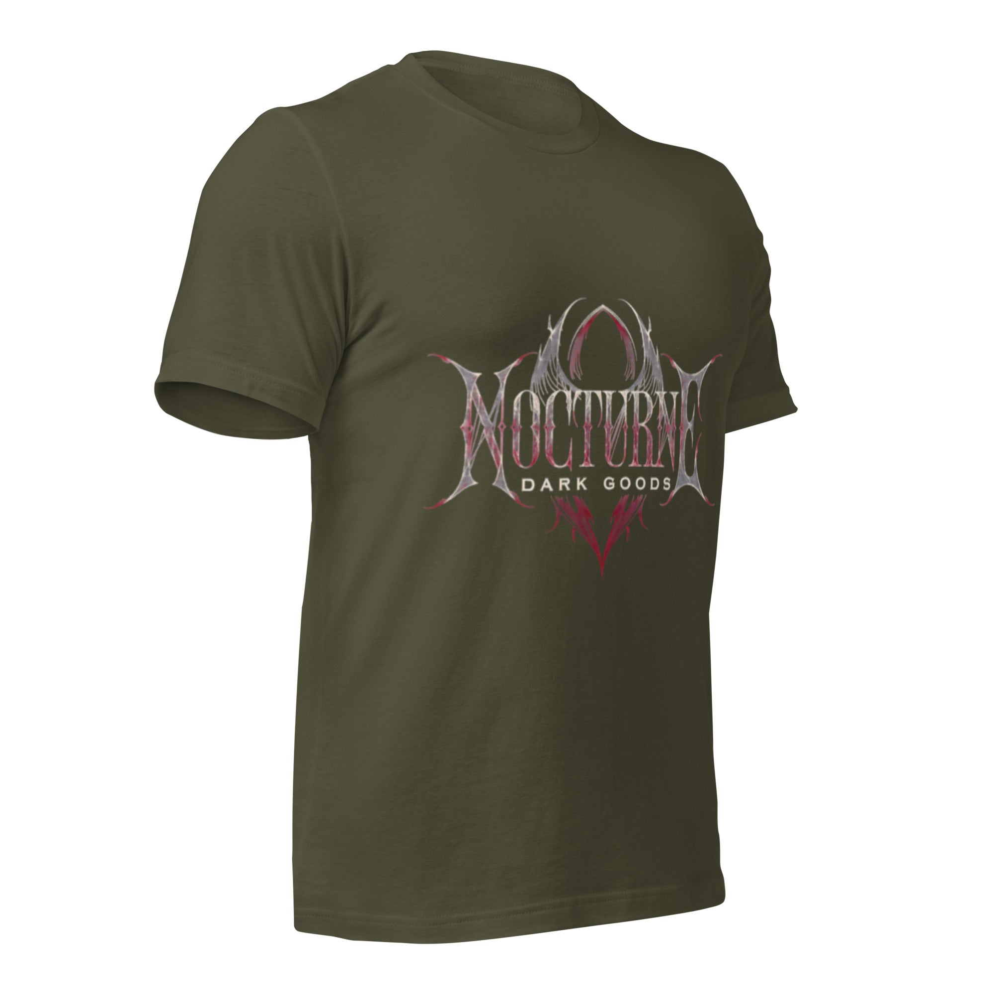 Olive unisex graphic T-shirt with "Nocturnal Dark Goods" chest front print