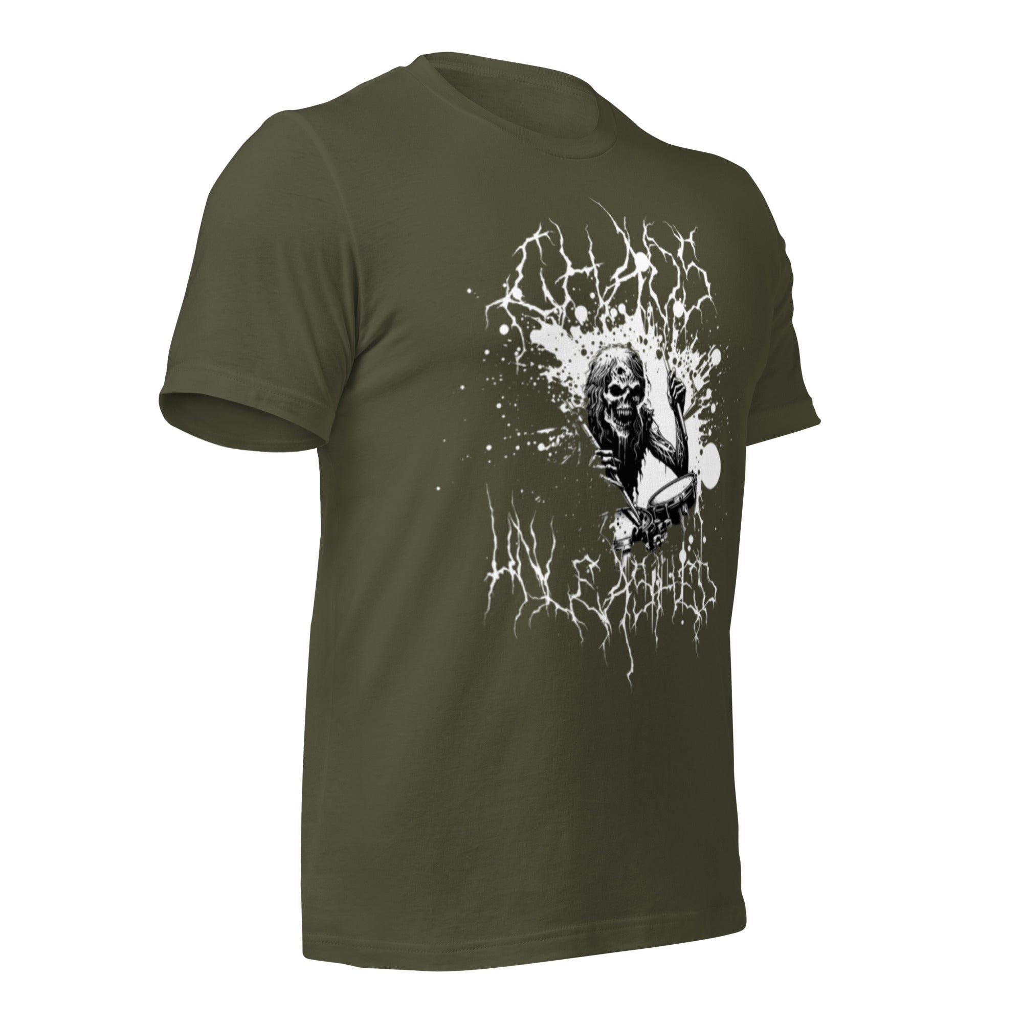 Unisex graphic t-shirt in military green with white wolf head electric splash graphic
