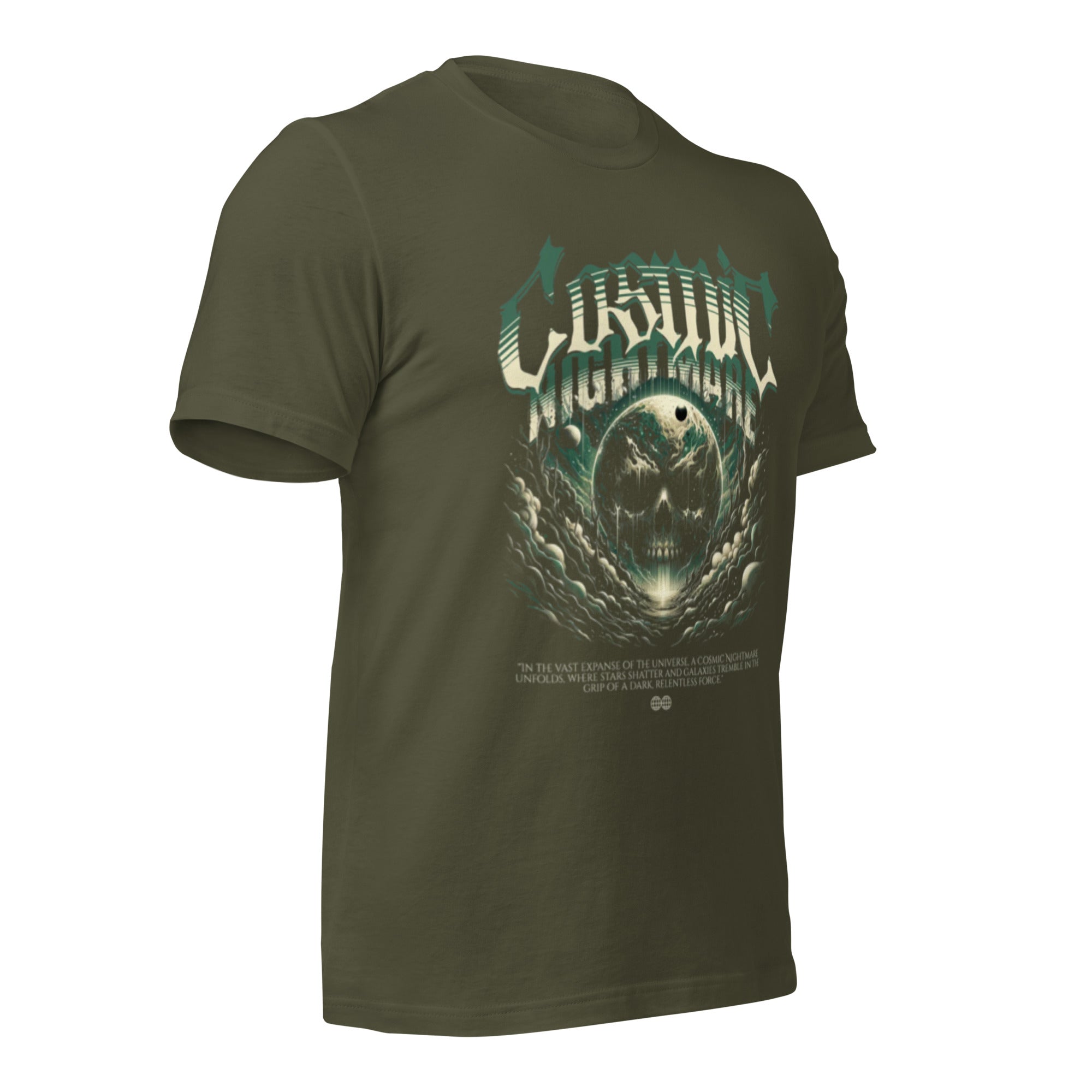 Unisex dark green graphic T-shirt with teal-and-white alien skull face front print