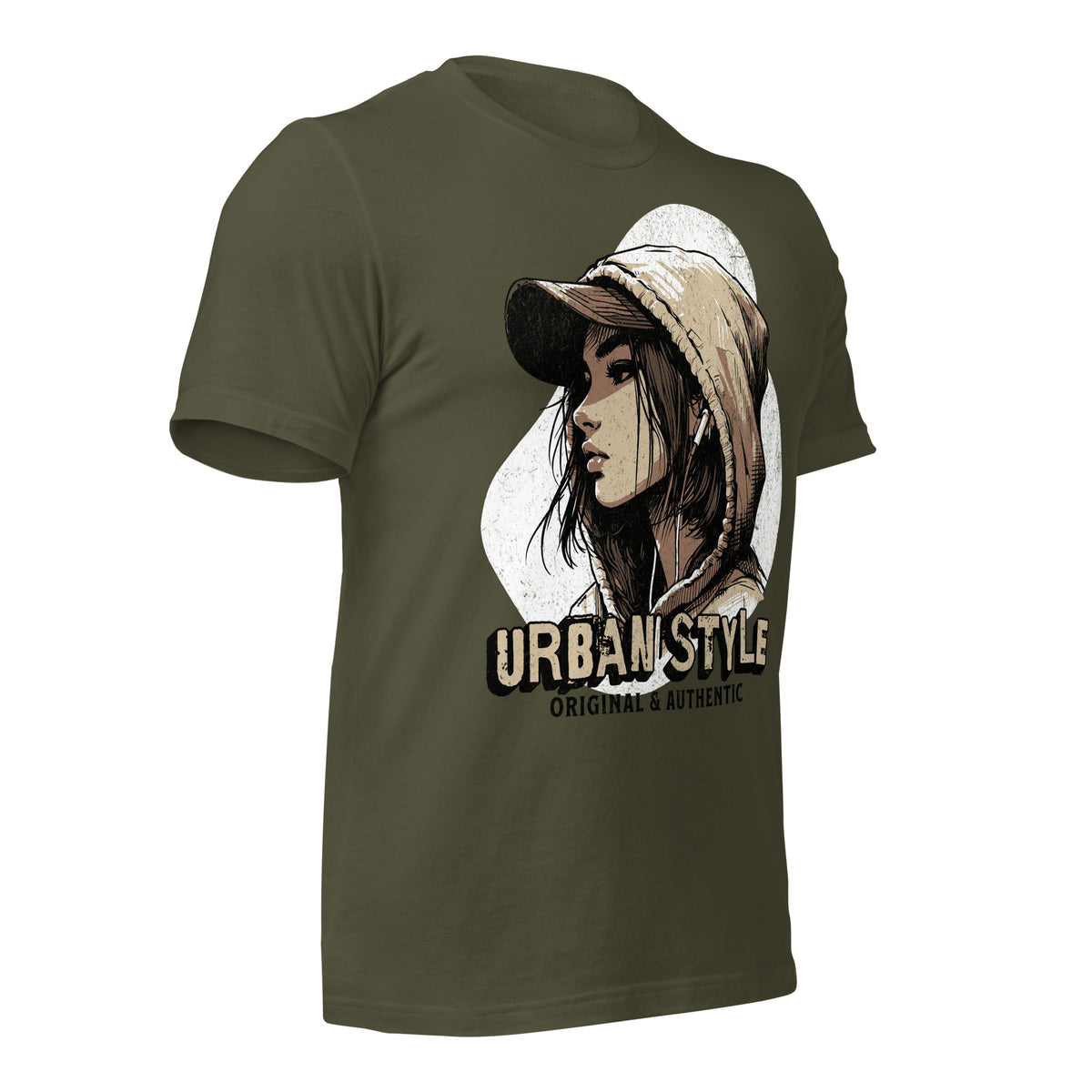 Women's military green graphic tee with hooded portrait print and URBANSTYLE text