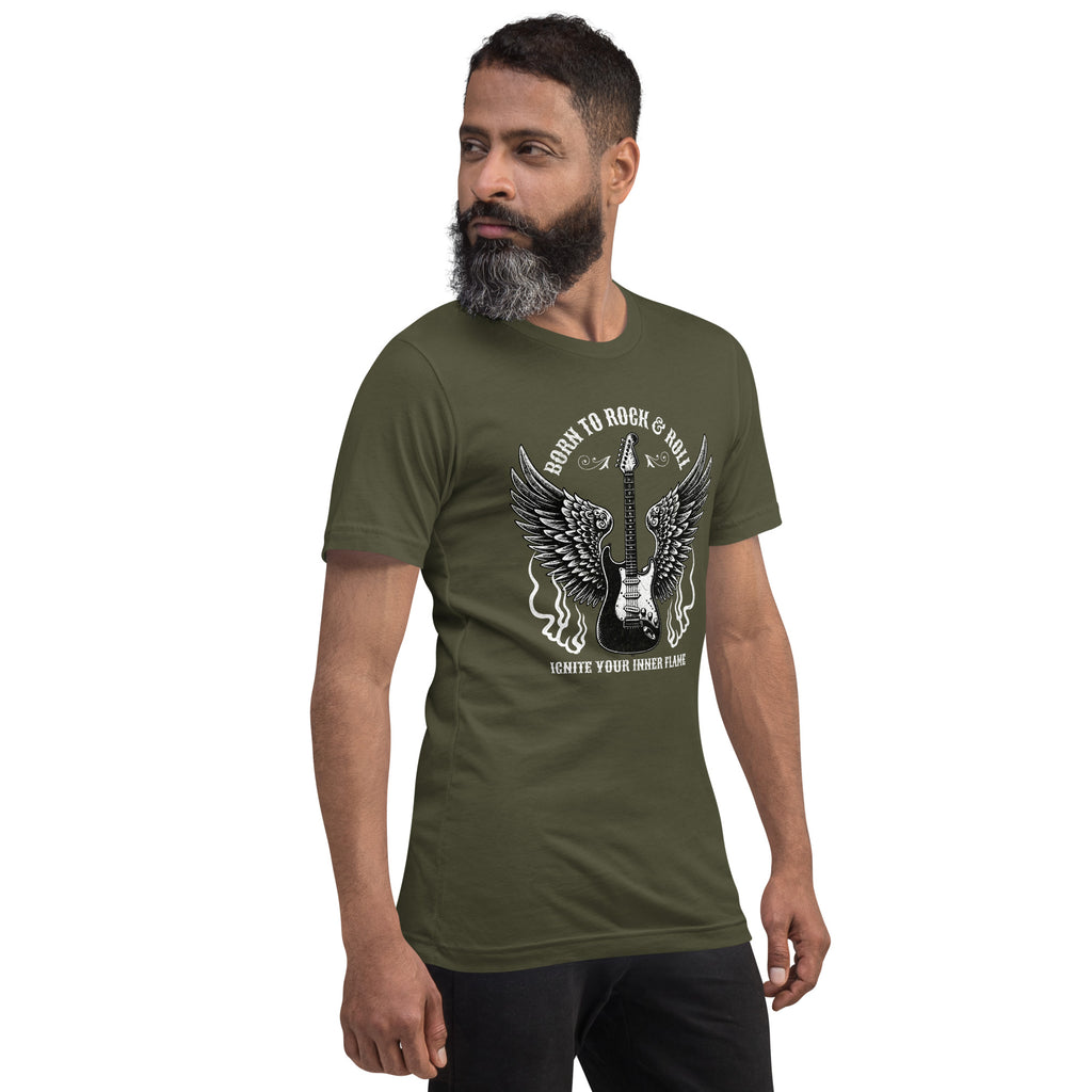 Military green graphic guitar tee with winged wings design, crew neck
