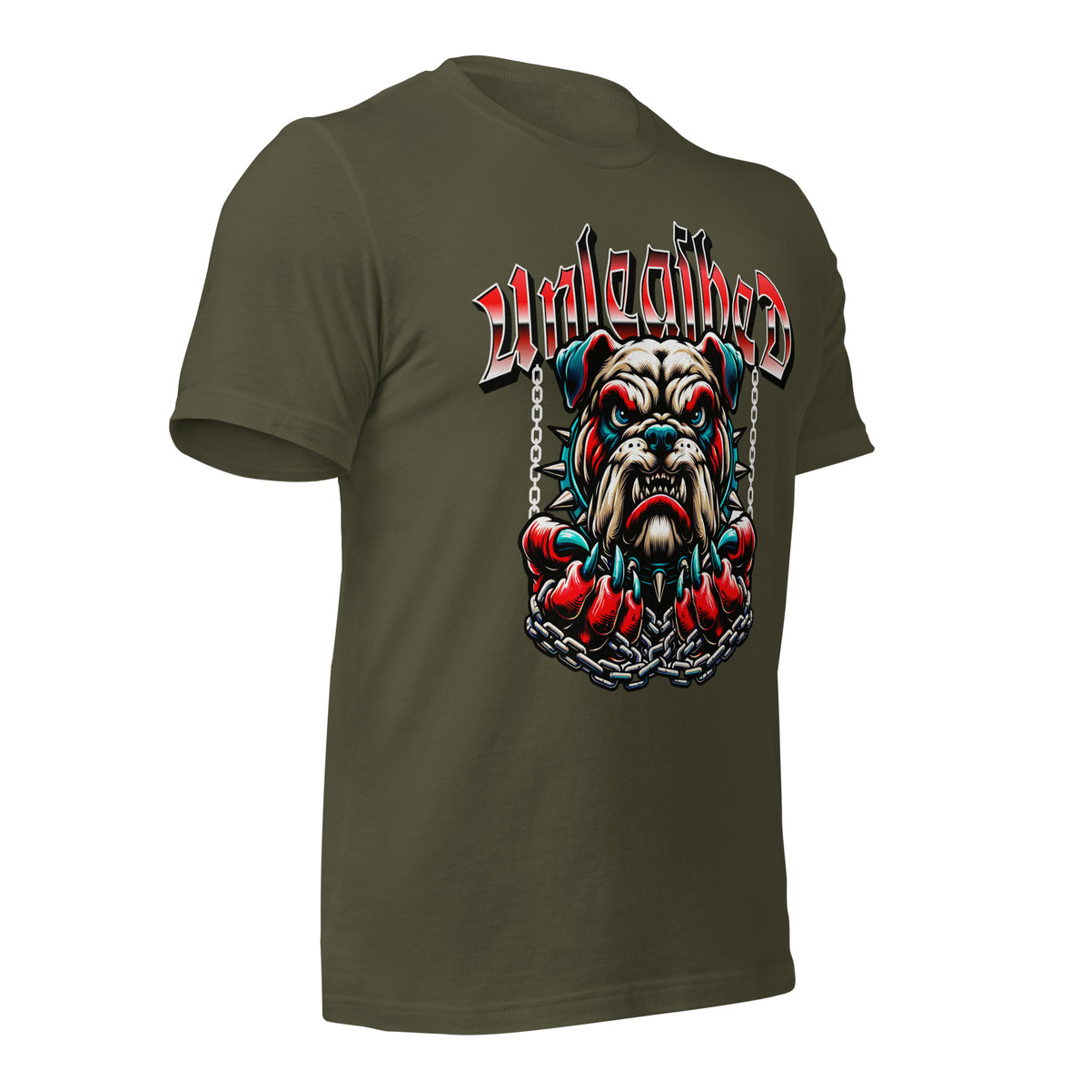 Unleashed graphic tee, military green; front bulldog graphic and stylized text