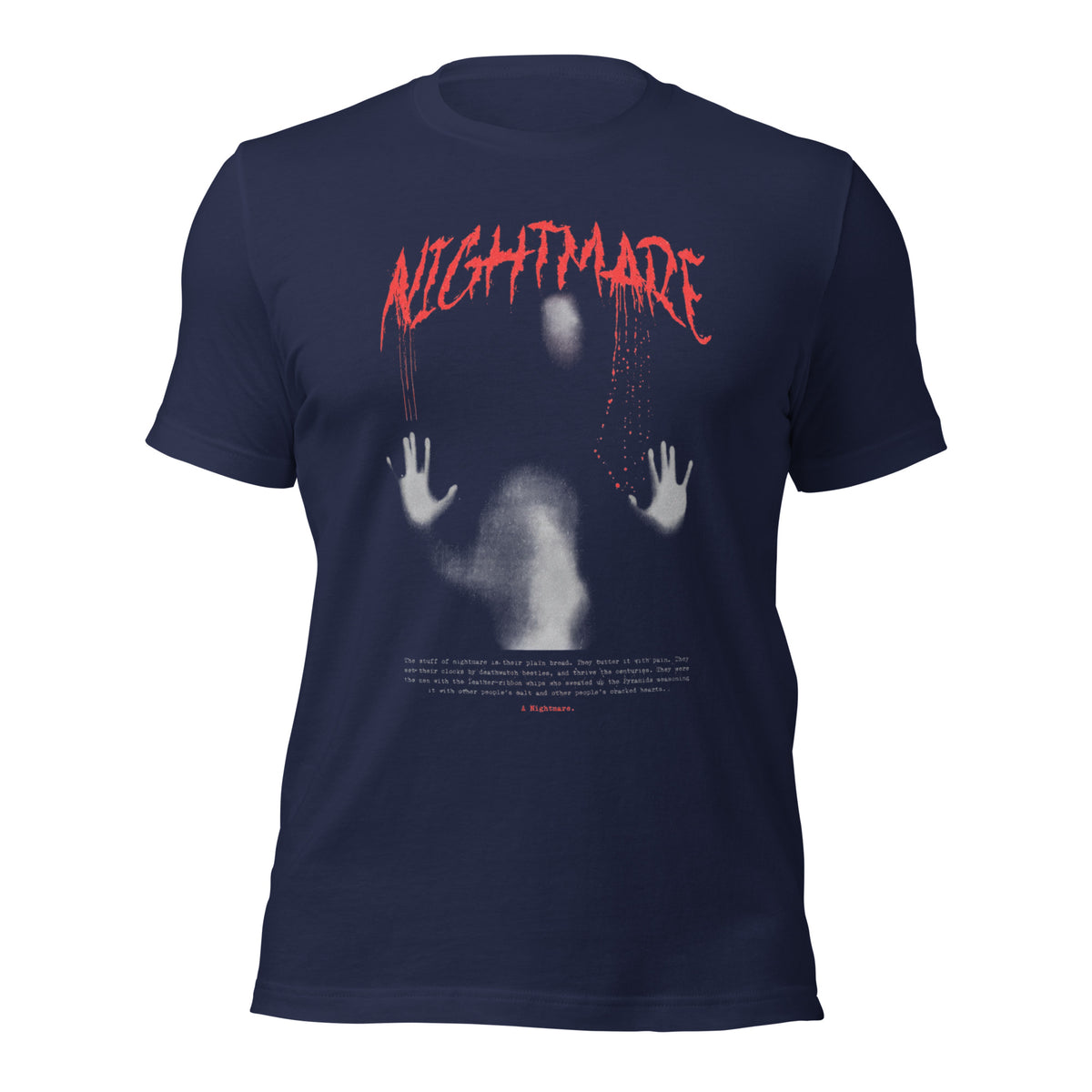 Women's navy graphic tee with red Nightmare text and face hands front print