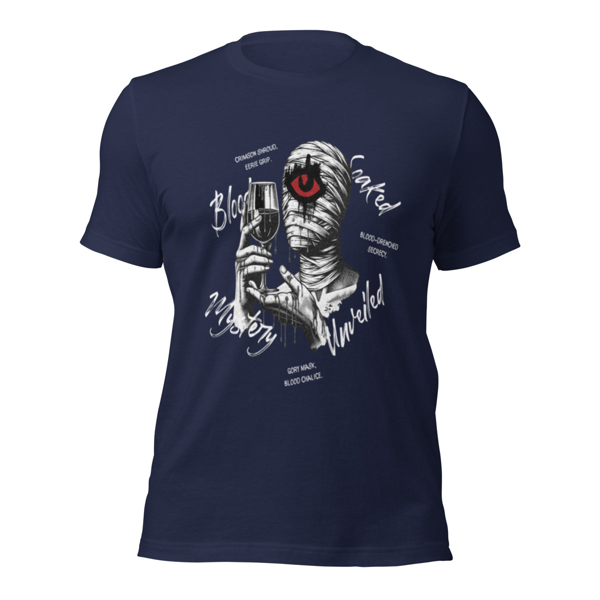 Women's navy graphic eye tee with monochrome face and red eye print on front
