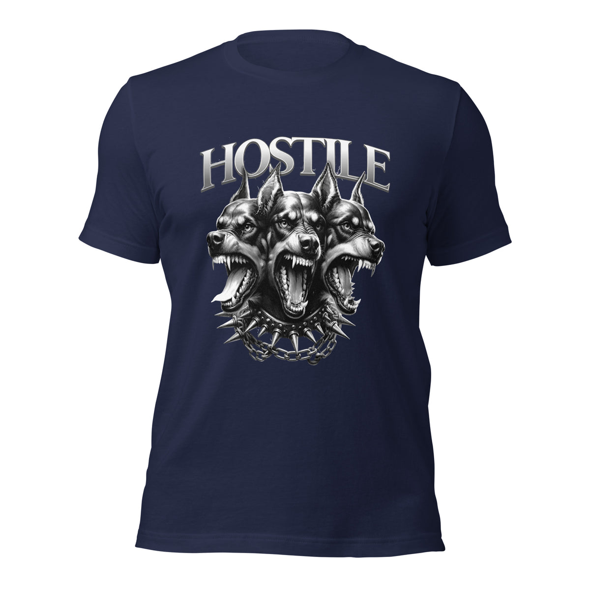 Women's navy graphic tee with 'HOSTILE' dog trio head print on front, short sleeves
