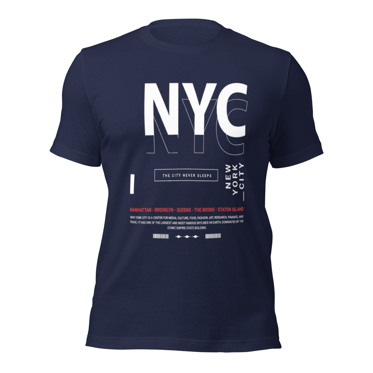 Women’s graphic crew-neck tee in navy, front view with large NYC print and small text