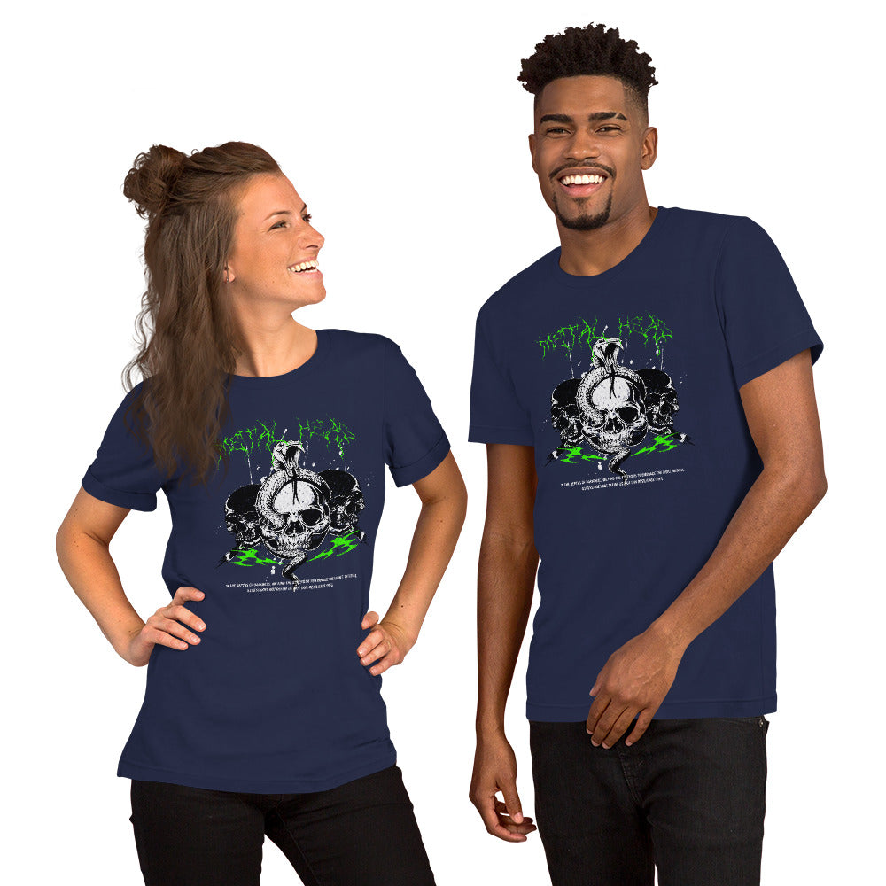 Metal head graphic tee in navy on model, front neon skull graphic