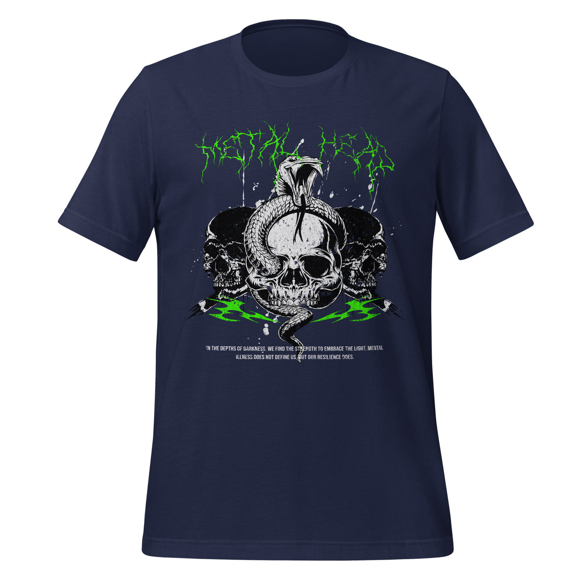 Metal head graphic tee in navy with neon skull front graphic