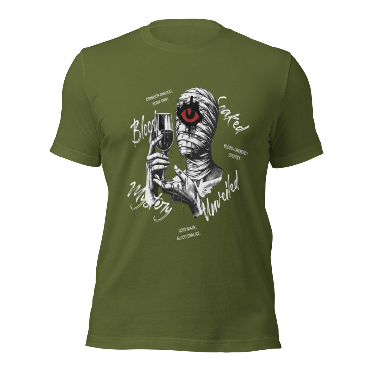 Women's olive green graphic eye tee with monochrome face and red eye print
