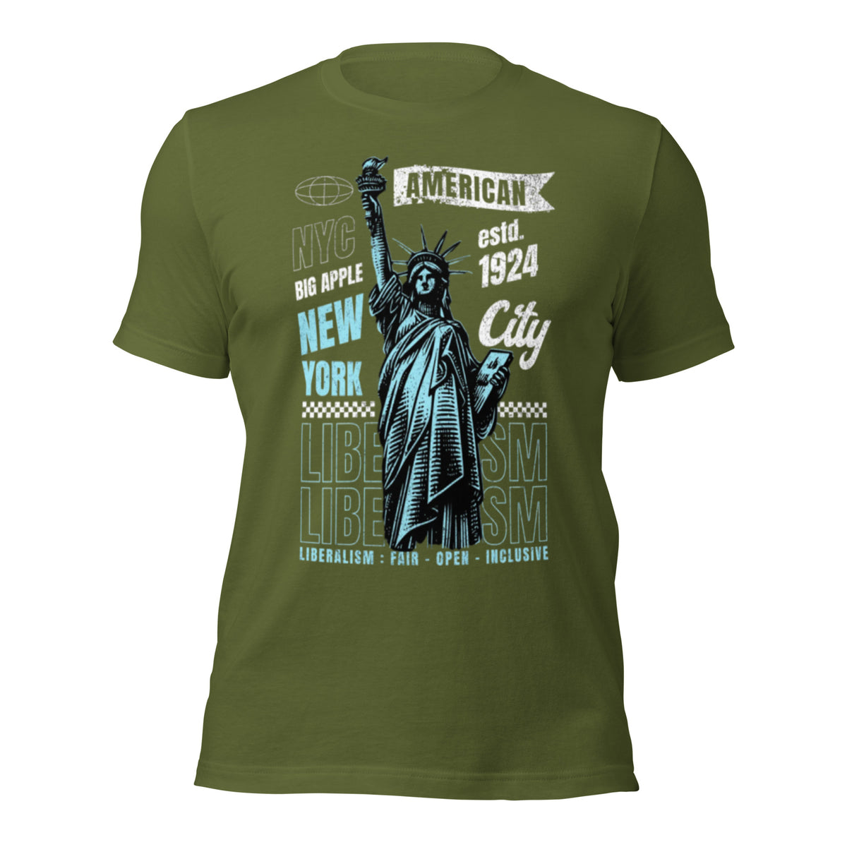 Women’s olive green graphic tee, Liberty City front design with statue
